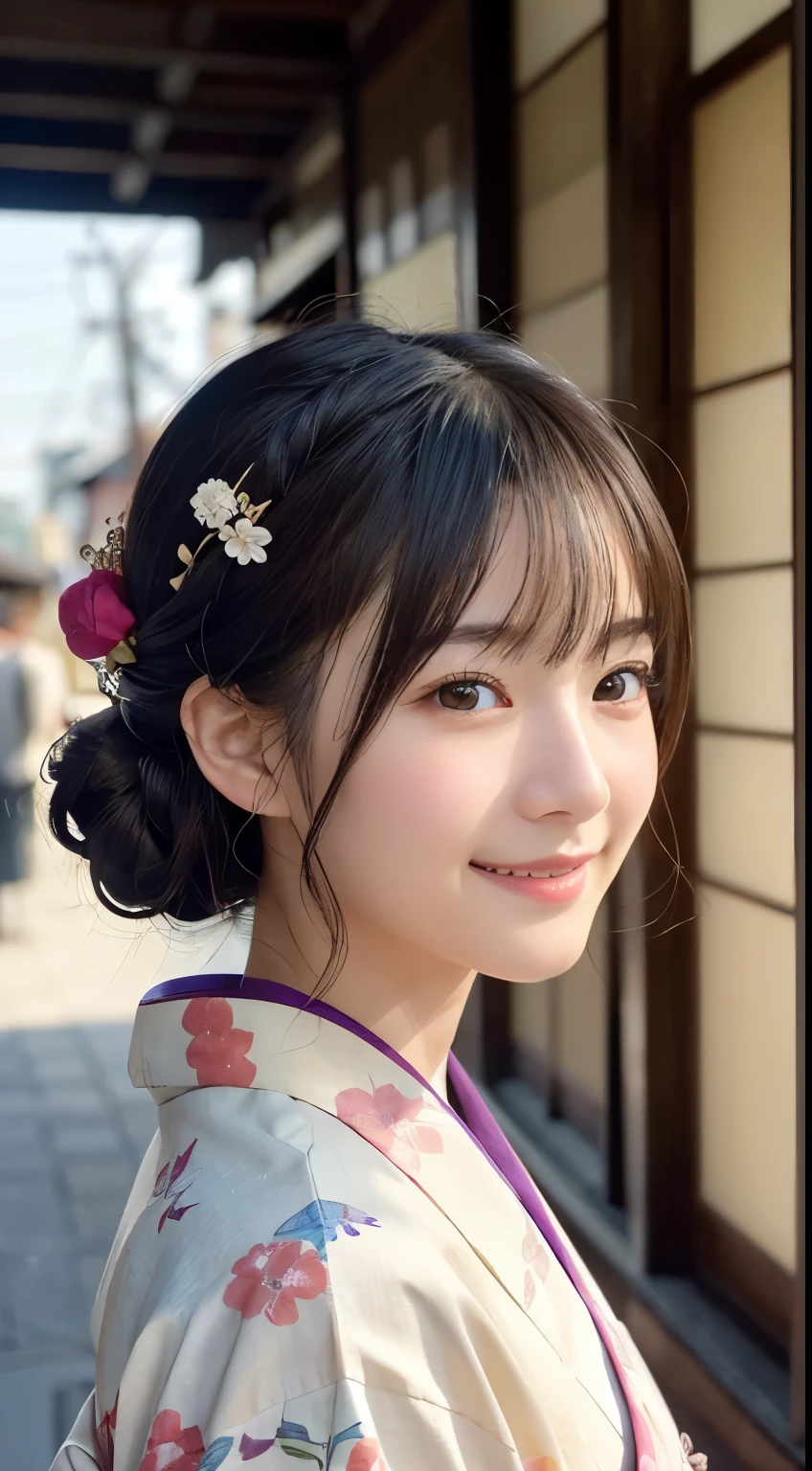 Professional Lighting,(Photorealistic:1.4), (Top image quality:1.0), (超A high resolution:1.0), 8k, Raw photography, (masterpiece:0.2), (Facing the children_v1:0.5)、(最高quality Detail:1.2)、Realistic、8K Ultra HD、High resolution、(1 girl:1.2)、超detailedな、High quality textures、複雑なdetailed、detailed、Very detailed CG、High quality shadows、detailed 美しく繊細な顔、Beautiful details and a delicate eye、(Symmetrical eyes:1.2),Written boundary depth、Ray Tracing,1 girl, Japanese Girls, (Natural smile:1.4),cute, thin, Portrait of a beautiful Japanese woman in a kimono, Standing elegantly on a street corner in Kyoto. Kimono with vibrant traditional patterns, Hair decorated with elegant and delicate hairpins, Gentle expression. (With the old streets of Kyoto in the background:1.4)、The soft light of a spring afternoon、Adding tranquility to the scene. Rendered in a Realistic style with great attention to detail, High resolutionの画像.Sky Porn, Magic Hour, (Realistic:1.3), finely, quality, (Tabletop:1.2), (Realistic:1.2), (最高quality), (複雑なdetailed), dramatic, Ray Tracing, photograph, +roller