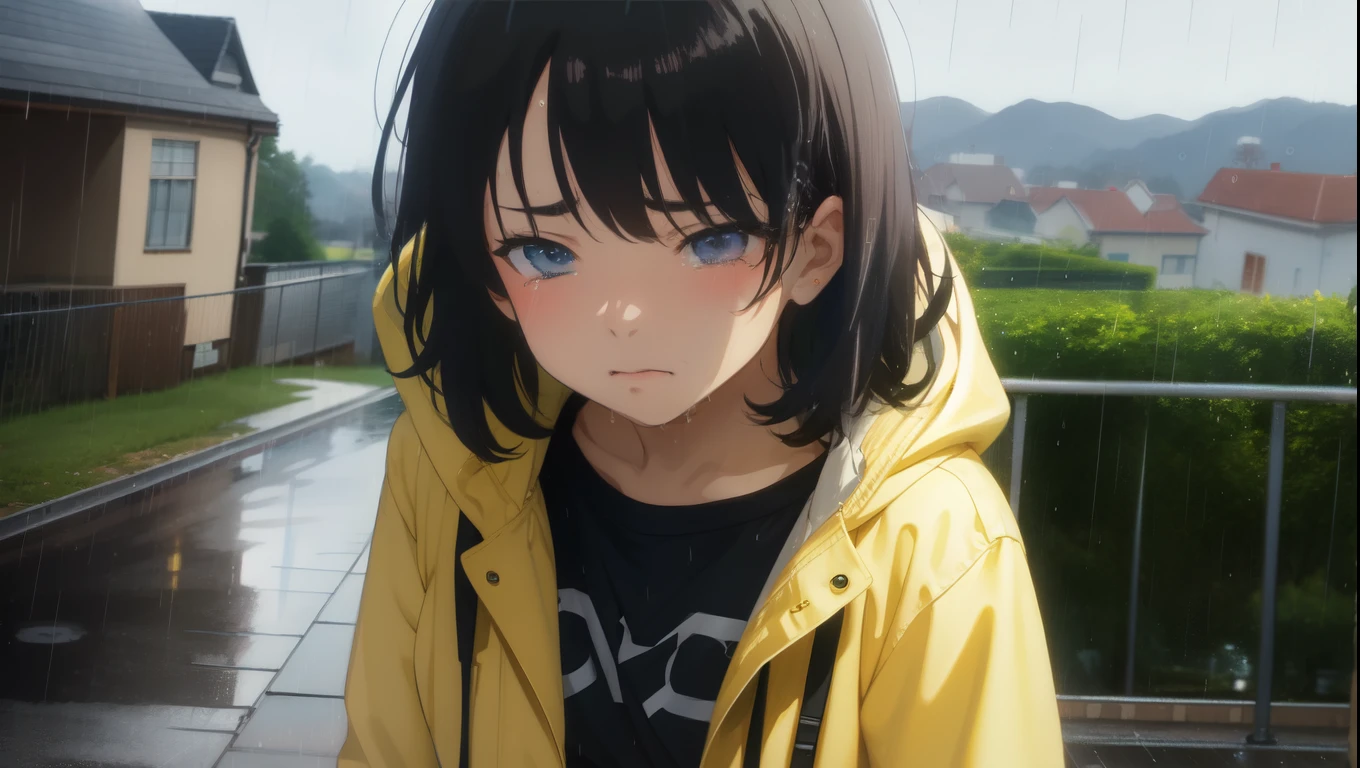 Anime Style、Rainy Town、Girl getting wet in the rain、Raincoat、A sad expression that looks like it's about to cry