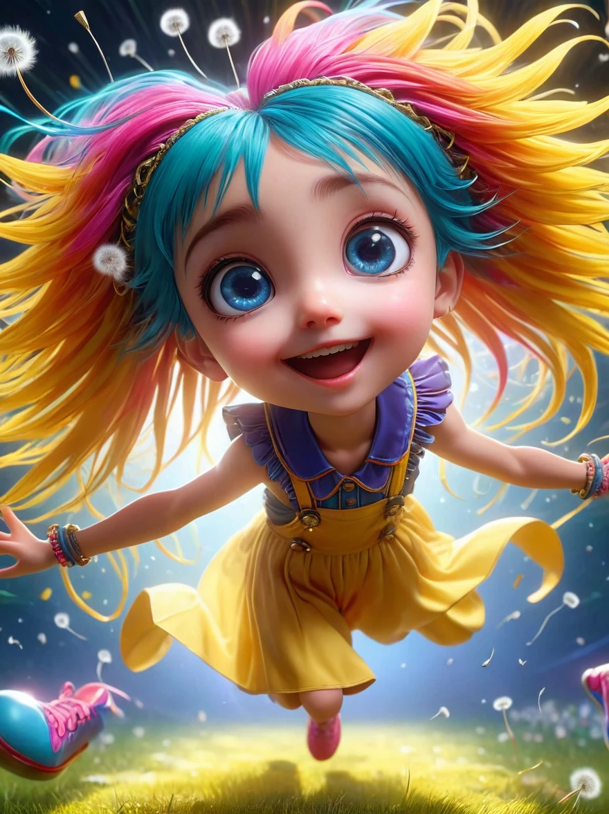 1girl, solo, cute, Kawaii, child, Hair shiny, Braiding Hair, Messy hair, Dandelion Hair Accessories, Eye Color Universe, big eyes, (Dynamic Angle:1.4), (Full body shot:1.3), (Vision), Wide Angle, Dynamic poses, Delicate face, Vibrant colors, (Blowing dandelion seeds), Smile, , 1fkxc1