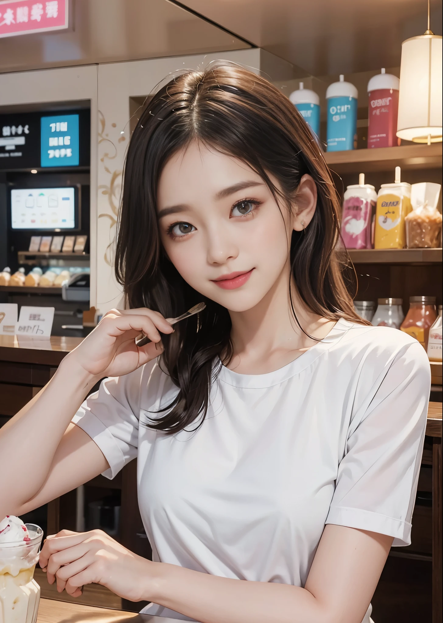 Tabletop、High resolution、Ice Cream Shop of the Future、Ice cream shop clerk、30-year-old woman、1Girl clerk、Looking into the camera、smile、Finish as shown in the picture、Her skin is white and beautiful、Colored inside、