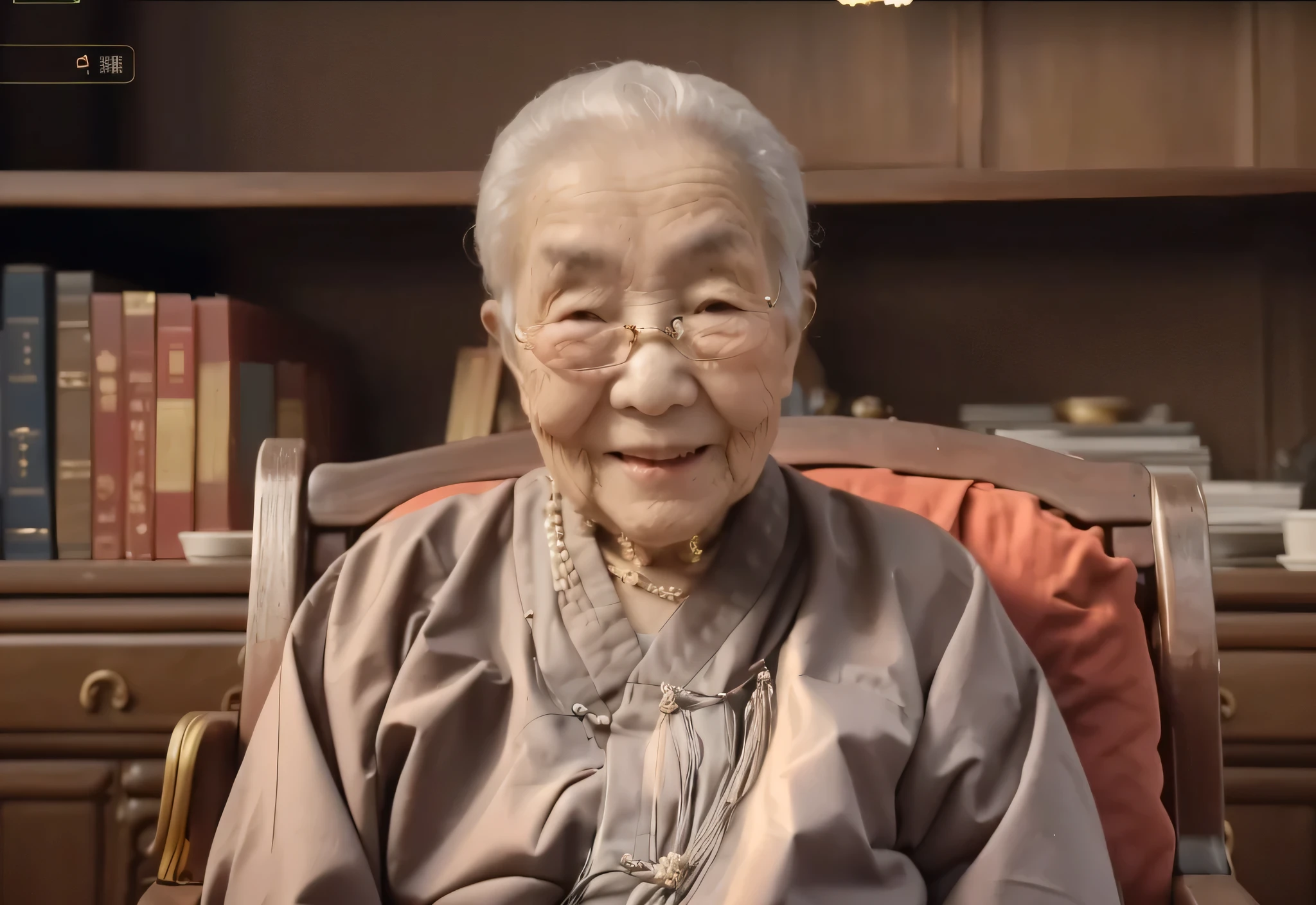 There is a Chinese lady sitting on the chair，There is a book on my lap, Old woman,  old man look, Smile，Holding a string of Buddha beads in his hand