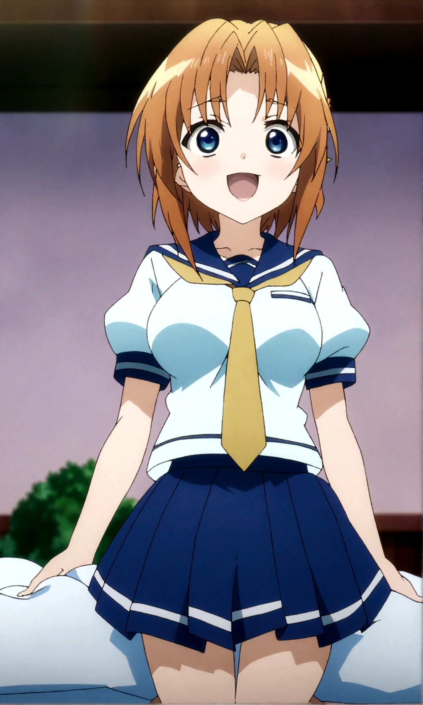 score_9, score_8_up, score_7_up, score_6_up, source_anime,from front,girl on top,sit astride),straight-on , 1girl, ryuuguu rena, solo, teenage, kawaii, breasts, medium breasts, blue eyes, open mouth, orange hair, short hair, medium breasts, simple background, white background, blue , serafuku, skirt, smile, pleated skirt, blue skirt, necktie, yellow necktie,,anime screencap, anime coloring,(best quality),(aesthetic,very aesthetic),anime keyvisual,sharp focus,depth of field,,professional lighting,cinematic lighting,