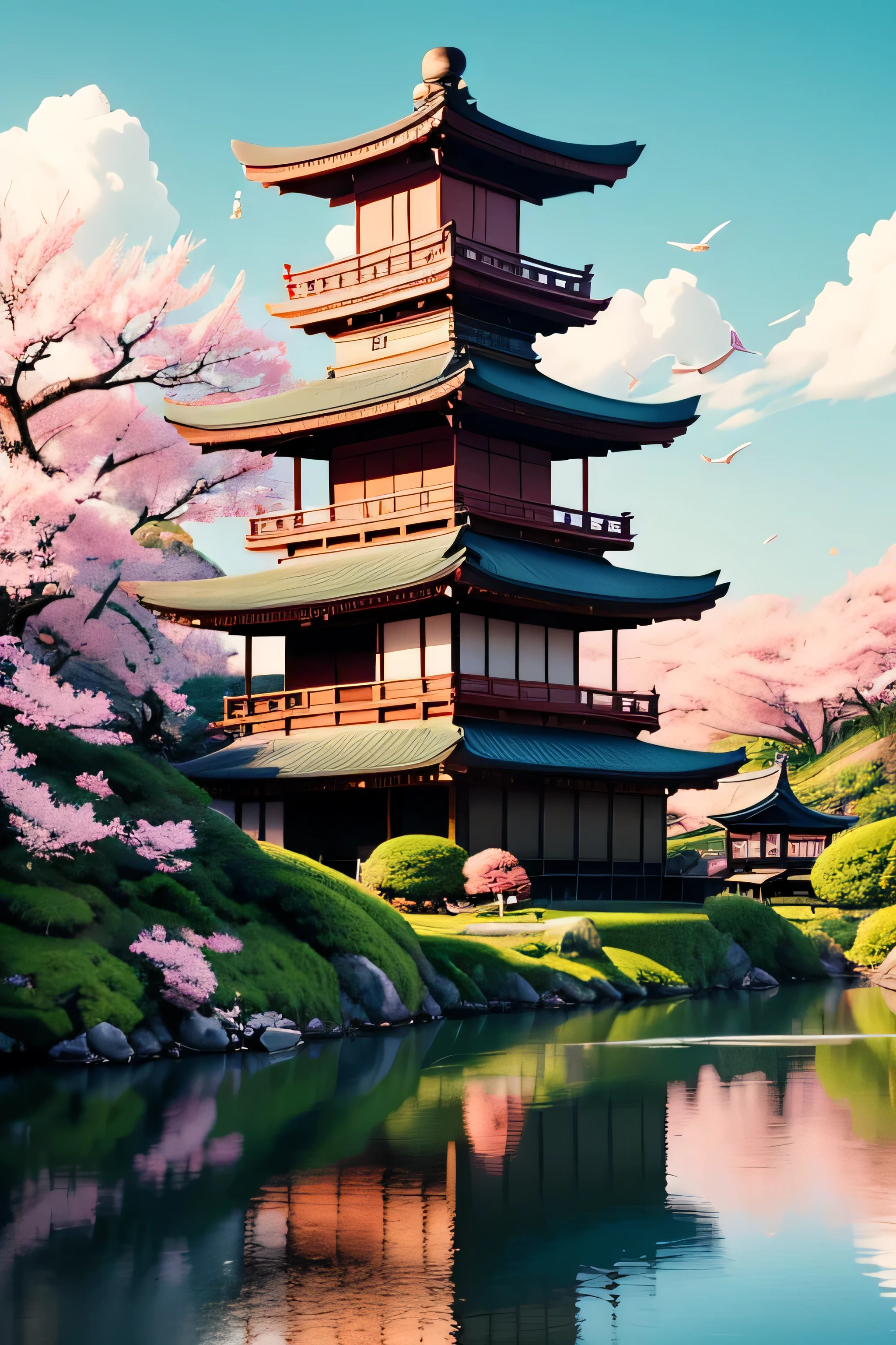 A picturesque landscape in Japan during the 1700s, featuring children playing. The scene includes traditional Japanese houses with thatched roofs, cherry blossom trees in full bloom, and a serene river flowing through the countryside. Children dressed in traditional clothing are playing joyfully, some flying kites while others are playing tag. The overall atmosphere is vibrant and lively, capturing the essence of a peaceful and joyful day in historical Japan.