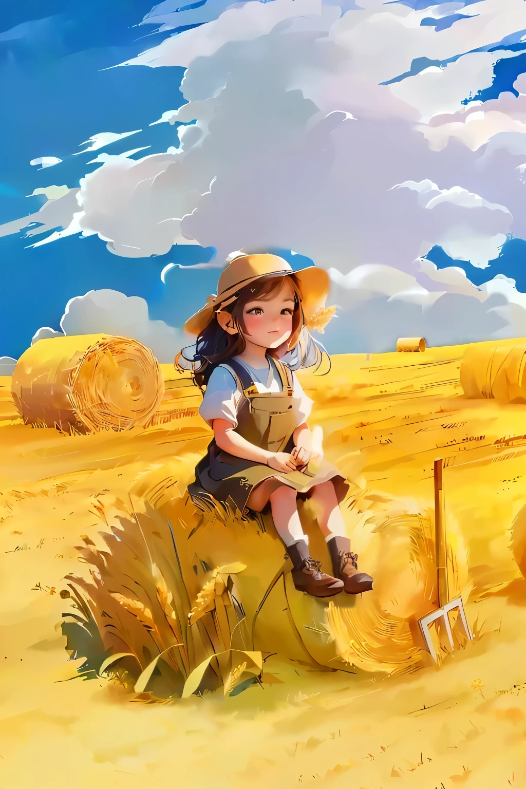 In the fields, There is a cartoon cute child sitting on a haystack, Cute numbers, A beautiful artistic illustration, in a wheat field, Beeple 和 Jeremiah Ketner, in field high resolution, Lovely artwork, Lovely and detailed digital art, Digital fantasy illustration