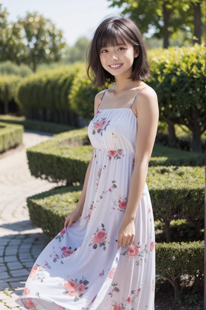 masterpiece, highest quality, disorganized, perfect anatomy, 1 girl, alone, pascal tales, short hair, beautiful, Hilarious, sunny day, botanical garden, Summer winds, sundress, Floral, wavy hair, smile