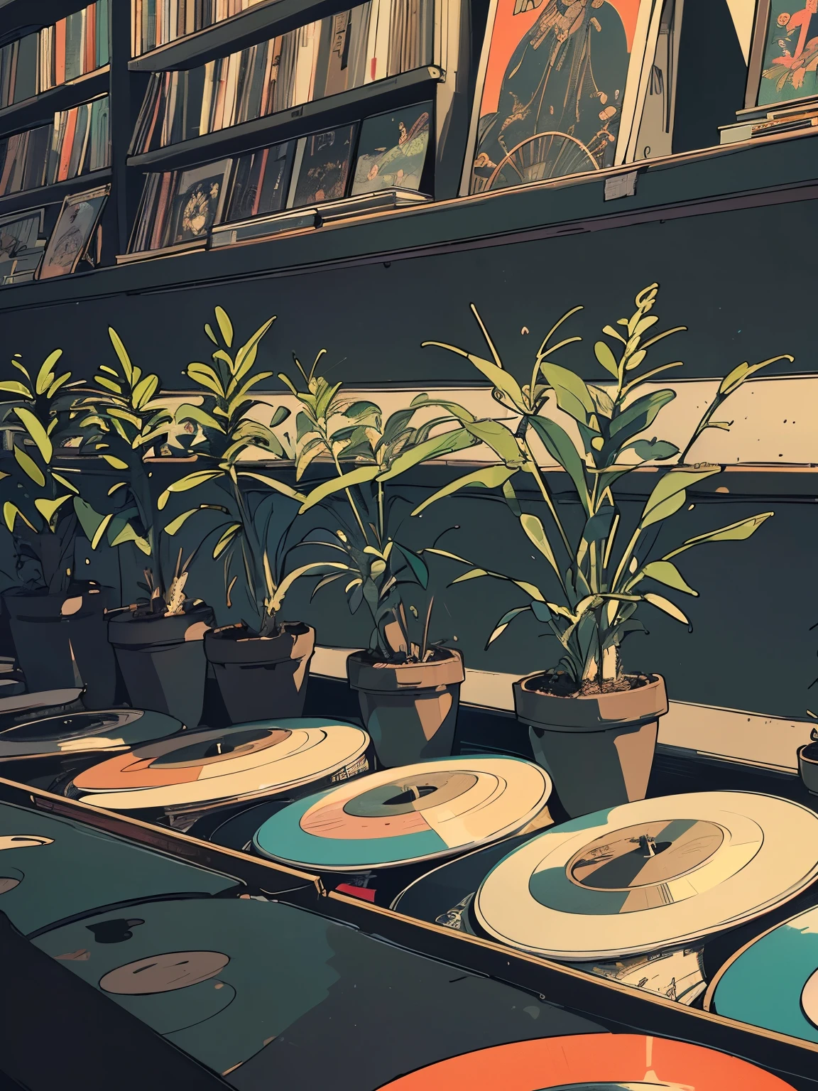 extreme quality, masterpiece, 8k, depth of field, intricate details, (((unattended))), space, movie poster, (((record store))), nostalgia, panorama, long shot, (((records on the shelves.))), (((Various angles))),Future Interior, (((neon))), (((Plants))), (((black color)))
