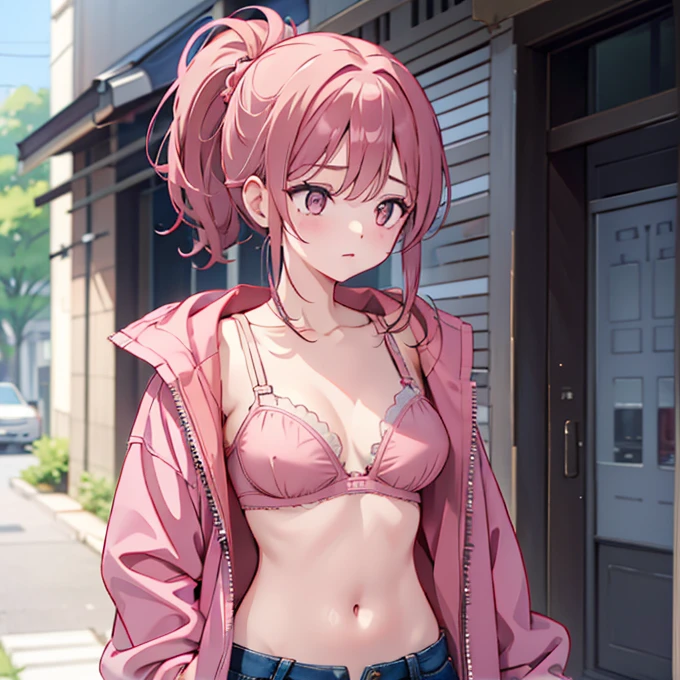 Wearing a light pink bra、A slender woman wearing a dark pink jacket over her。Her pants are denim。Her hairstyle is a ponytail。Her hair color is brown、The eyes are red。Her breasts are exposed through her bra。I am masturbating。