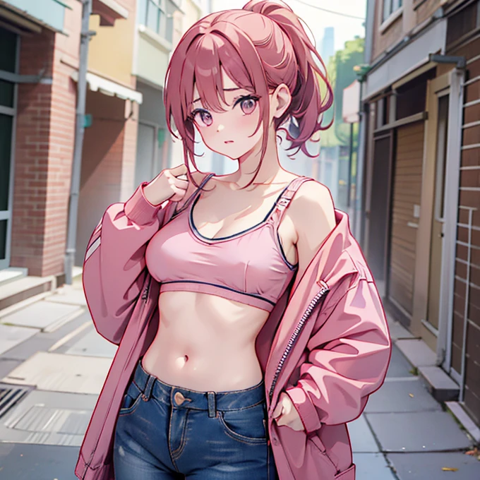 Wearing a light pink bra、A slender woman wearing a dark pink jacket over her。Her pants are denim。Her hairstyle is a ponytail。Her hair color is brown、The eyes are red。Her breasts are exposed through her bra。I am masturbating。