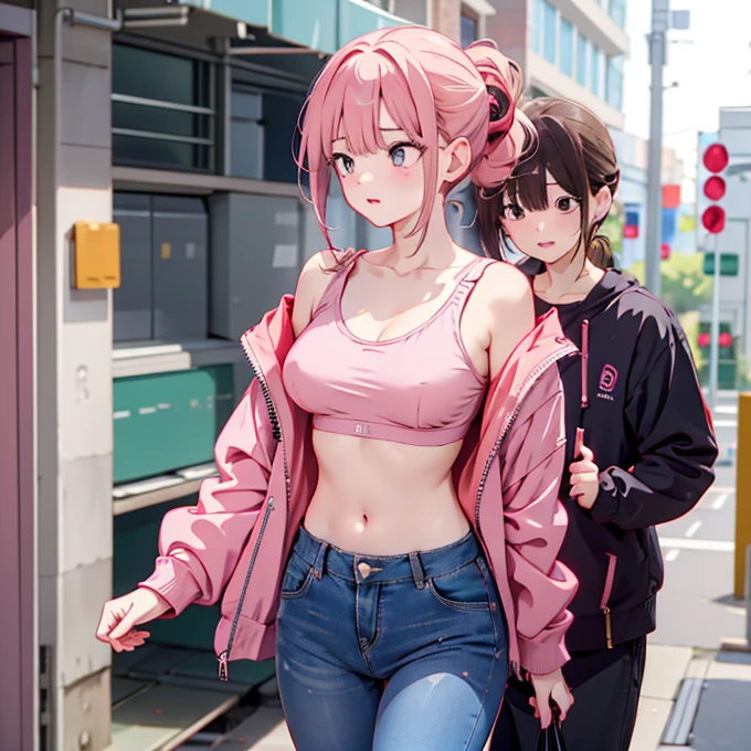 Wearing a light pink bra、A slender woman wearing a dark pink jacket over her。Her pants are denim。Her hairstyle is a ponytail。Her hair color is brown、The eyes are red。Her breasts are exposed through her bra。I am masturbating。