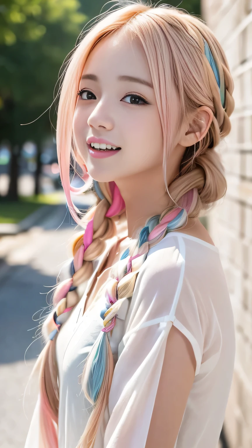 Pale, tanned skin、Sunburn marks on tanned skin、Multicolored Hair、Pink Hair,blonde,Platinum Hair,Brown Hair、A cute 20-year-old girl with a cute look, A strong wind blows my hair in front of my face、beautiful long blonde braided hair、beautiful, Cute eyes hidden by long bangs、Yawn、Double teeth、No visible nasolabial folds、