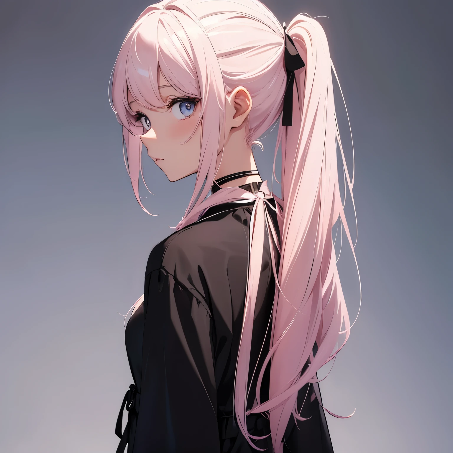 An illustration of a girl with her back facing the viewer. She has long, light pink hair styled in two low ponytails secured with white hair ties. She is wearing a black top with long, bell sleeves and a choker. The background is a soft pastel pink, creating a minimalistic and clean look.