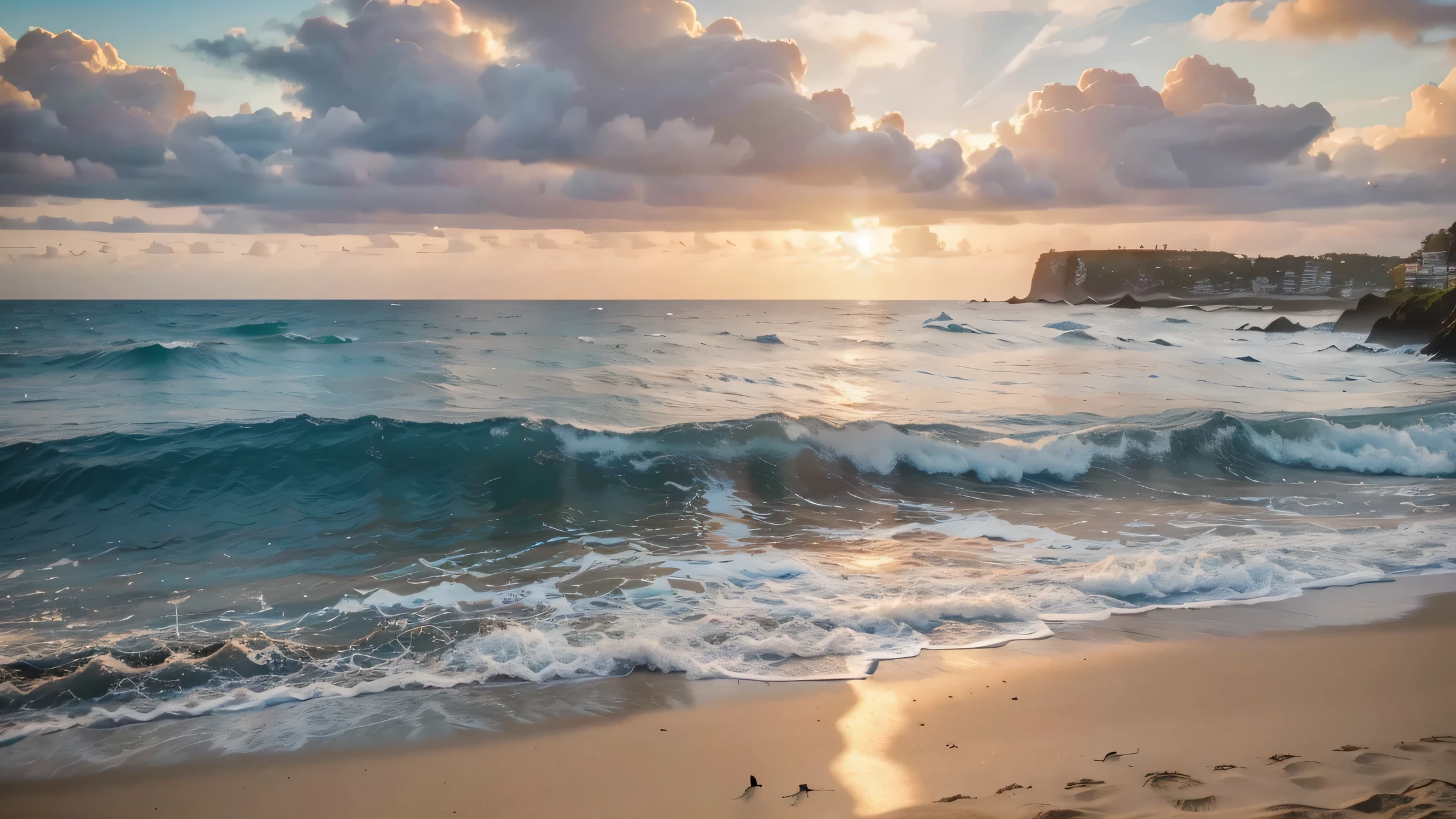 a beautiful sunset seascape, a vast ocean with crashing waves, a sandy beach with seagulls flying overhead, (best quality,4k,8k,highres,masterpiece:1.2),ultra-detailed,(realistic,photorealistic,photo-realistic:1.37),serene ocean landscape, dramatic sky with vibrant colors, stunning ocean view, glowing sunset, beach scenery, seagulls soaring, ocean waves, warm sunlight, detailed beach elements