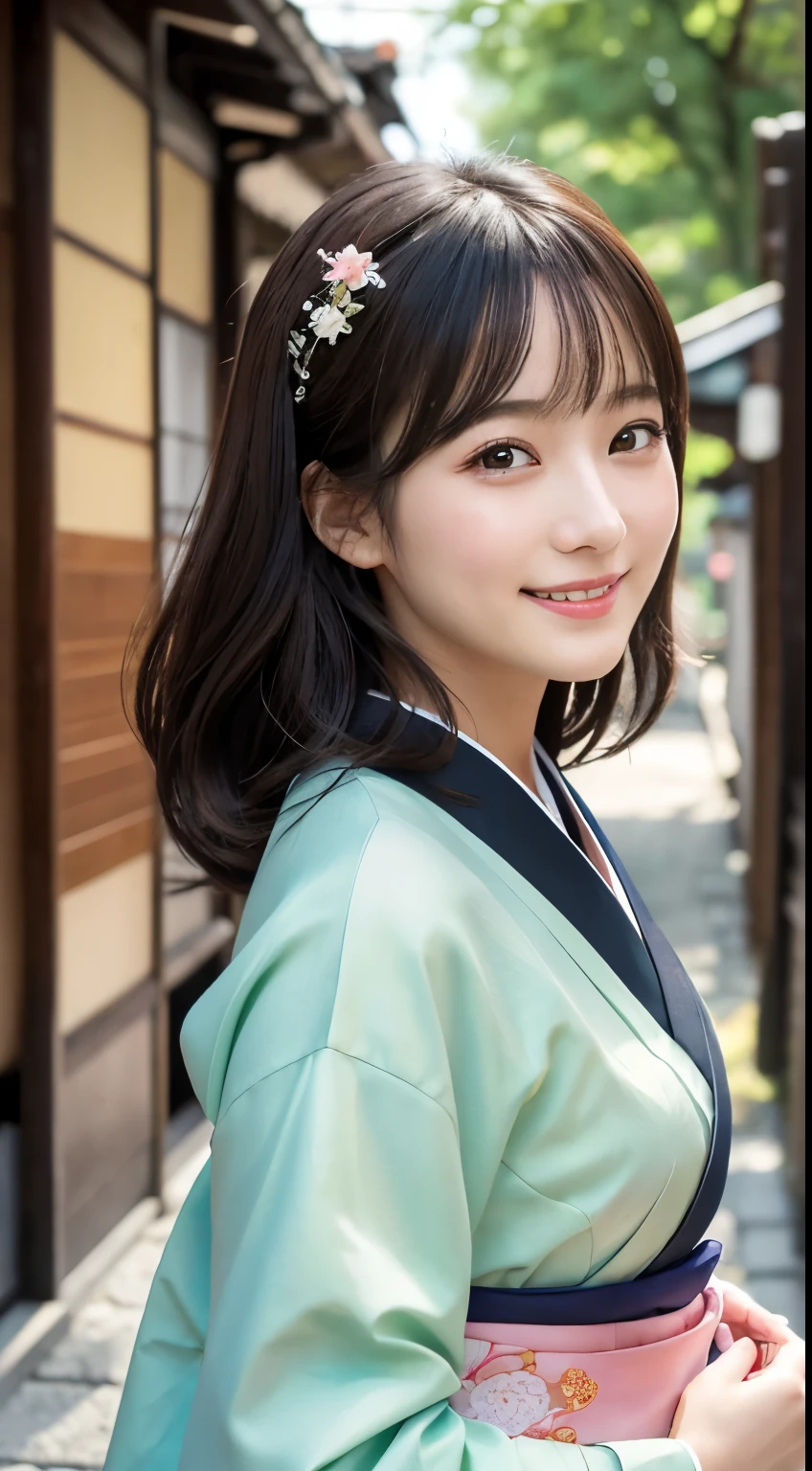 Professional Lighting,(Photorealistic:1.4), (Top image quality:1.0), (超A high resolution:1.0), 8k, Raw photography, (masterpiece:0.2), (Facing the children_v1:0.5)、(最高quality Detail:1.2)、Realistic、8K Ultra HD、High resolution、(1 girl:1.2)、超detailedな、High quality textures、複雑なdetailed、detailed、Very detailed CG、High quality shadows、detailed 美しく繊細な顔、Beautiful details and a delicate eye、(Symmetrical eyes:1.2),Written boundary depth、Ray Tracing,1 girl, Japanese Girls, (Natural smile:1.4),cute, thin, Portrait of a beautiful Japanese woman in a kimono, Standing elegantly on a street corner in Kyoto. Kimono with vibrant traditional patterns, Hair decorated with elegant and delicate hairpins, Gentle expression. (With the old streets of Kyoto in the background:1.4)、The soft light of a spring afternoon、Adding tranquility to the scene. Rendered in a Realistic style with great attention to detail, High resolutionの画像.Sky Porn, Magic Hour, (Realistic:1.3), finely, quality, (Tabletop:1.2), (Realistic:1.2), (最高quality), (複雑なdetailed), dramatic, Ray Tracing, photograph, +roller