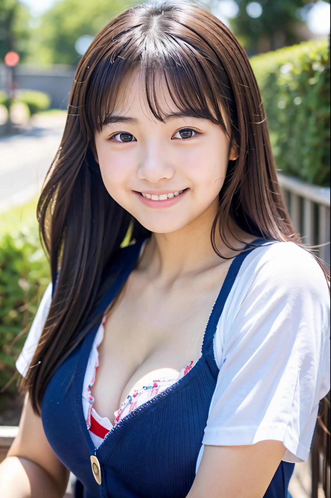 A 16-year-old high school student who is as cute as an idol、高校のはCleavageが見えるデザイン、Cleavage、Young and pretty face、Smiling Kindly、The kids's Day、(Full body portrait)、((Sit on the ground))、RAW Photos、Genuine、Genuine、realism、RAW Photos、High resolution、Life、No copyright notice