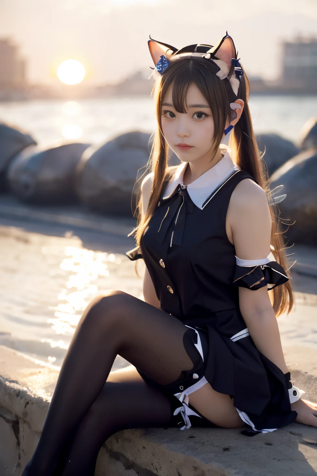 Masterpiece, bokeh, (Cat ears:1.4), Sitting in sundown seashore, Looking at the viewer, high school costume, pantyhose,
