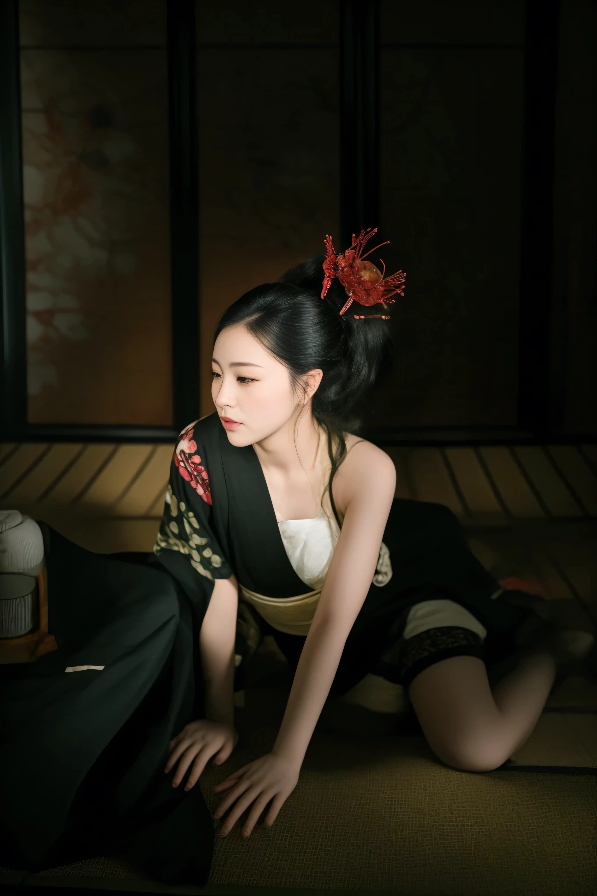 there is a woman sitting on the floor in a kimono, elegant japanese woman, in kimono, japanese woman, a young asian woman, wearing kimono, portrait shot, in a kimono, traditional beauty, inspired by Otake Chikuha, traditional japanese, wearing a kimono, palace , a girl in hanfu, photo taken with nikon d 7 5 0