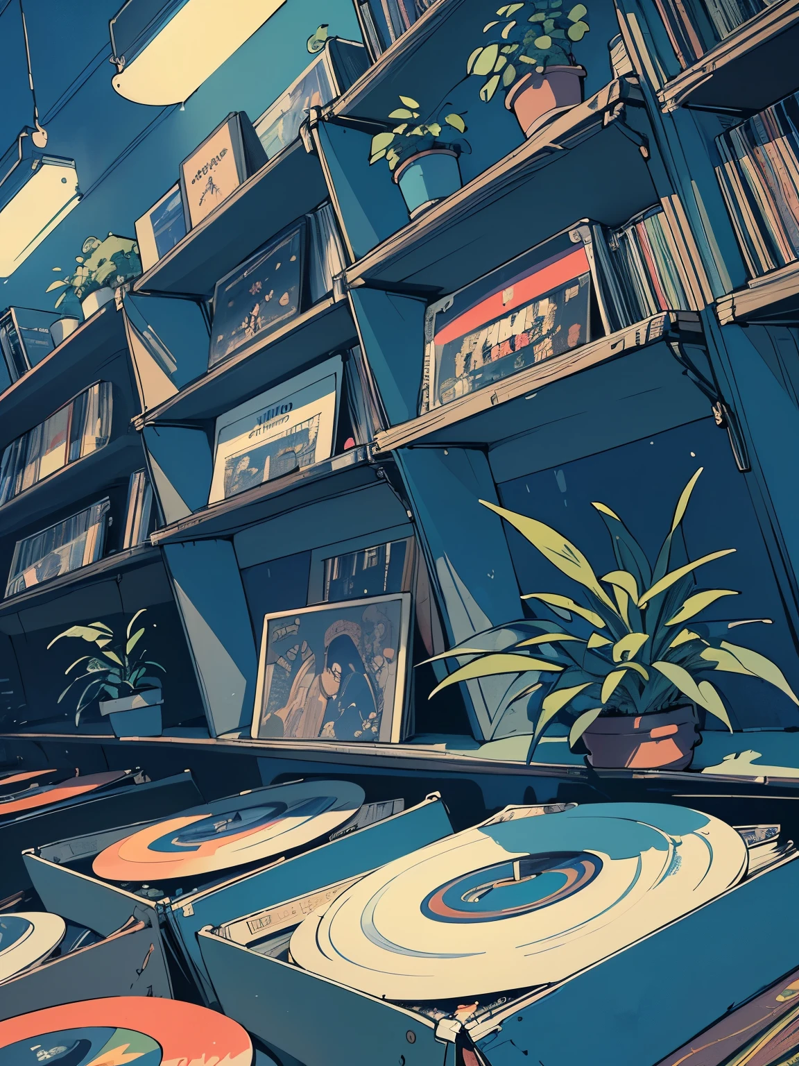 extreme quality, masterpiece, 8k, depth of field, intricate details, (((unattended))), space, movie poster, (((record store))), nostalgia, panorama, long shot, (((records on the shelves.))), (((Various angles))),Future Interior, (((neon))), (((Plants))), (((blue color)))