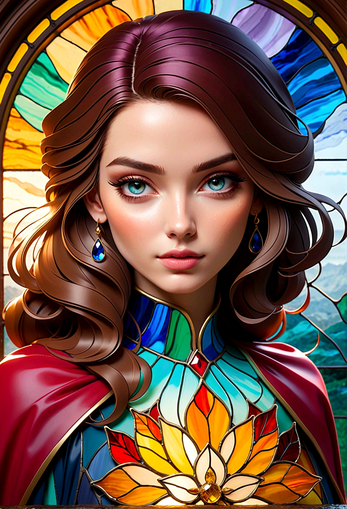 (masterpiece, Top quality, best quality,Official Art, beautiful and aesthetic:1.2),(1 Girl:1.3), 1 Girl BREAK stained glass art, Colored glass, lead, TranslucencyBREAK Bright colors, Complex design, Glow Effect, atmosphere