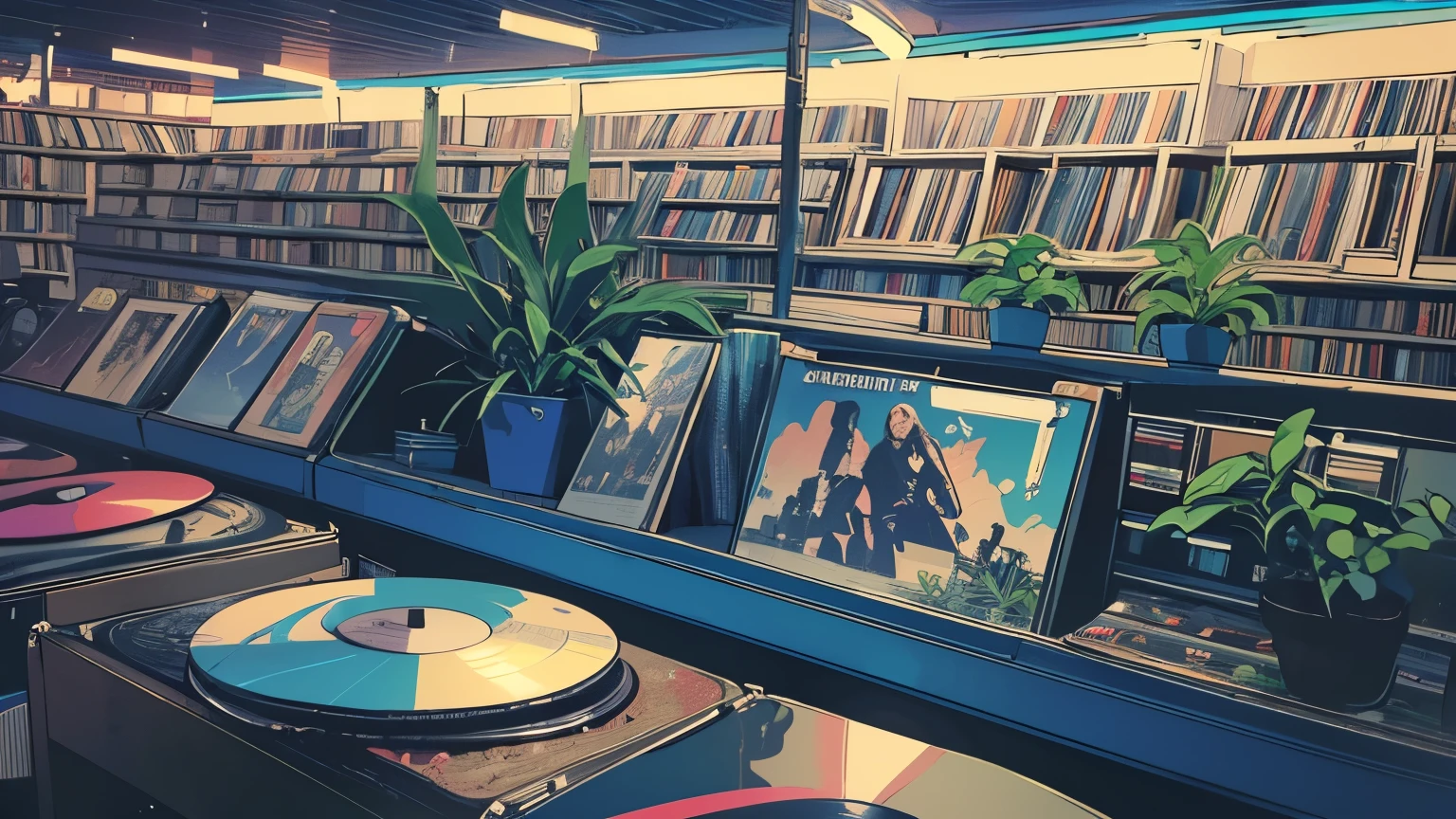 extreme quality, masterpiece, 8k, depth of field, intricate details, (((unattended))), space, movie poster, (((record store))), nostalgia, panorama, long shot, (((records on the shelves.))), (((Various angles))),Future Interior, (((neon))), (((Plants))), (((blue color)))