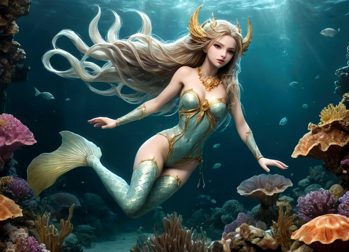 Masterpiece, Best Quality, full body shot (head and feet in frame)(highly accurate drawing in every detail)(extremely precise representation)a stunning beautiful (also scary) young deep sea siren girl with with legs but also with transparent fins, (very athletic body), with shell and pearl jewelry, beautiful distributed scales, meets chtulhu (ancient god from necronomicon) at night underwater, fit, small breasts, ancient underwater city in the background, very detailed, Vivid Appearance, Creative Behavior, Extremely Detailed, Imaginative, Sensual, Spontaneous, Highest Quality, Skin Texture, Intricate Details, (Cinematic Lighting), RAW Photo, 8k, Masterpiece, Best Quality, Ultra Detailed, Very Detailed Images, Extremely Detailed, intricate details, highres, super complex details, extremely detailed 8k CG wallpaper, Anime, CGI, Evil, Horrifying, Dynamic Lighting