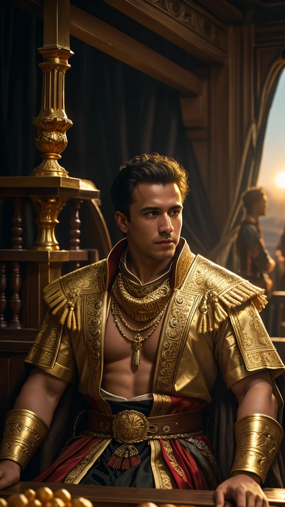 As the sun began to set, The warm golden hues of the sun illuminated his ornate attire, casting a warm glow across the area, Julius Caesar writing poetry on a pirate ship, background dark, hyper realistic, ultra detailed hyper realistic, photorealistic, Studio Lighting, reflections, dynamic pose, Cinematic, Color Grading, Photography, Shot on 50mm lens, Ultra-Wide Angle, Depth of Field, hyper-detailed, beautifully color, 8k, golden light from the front,