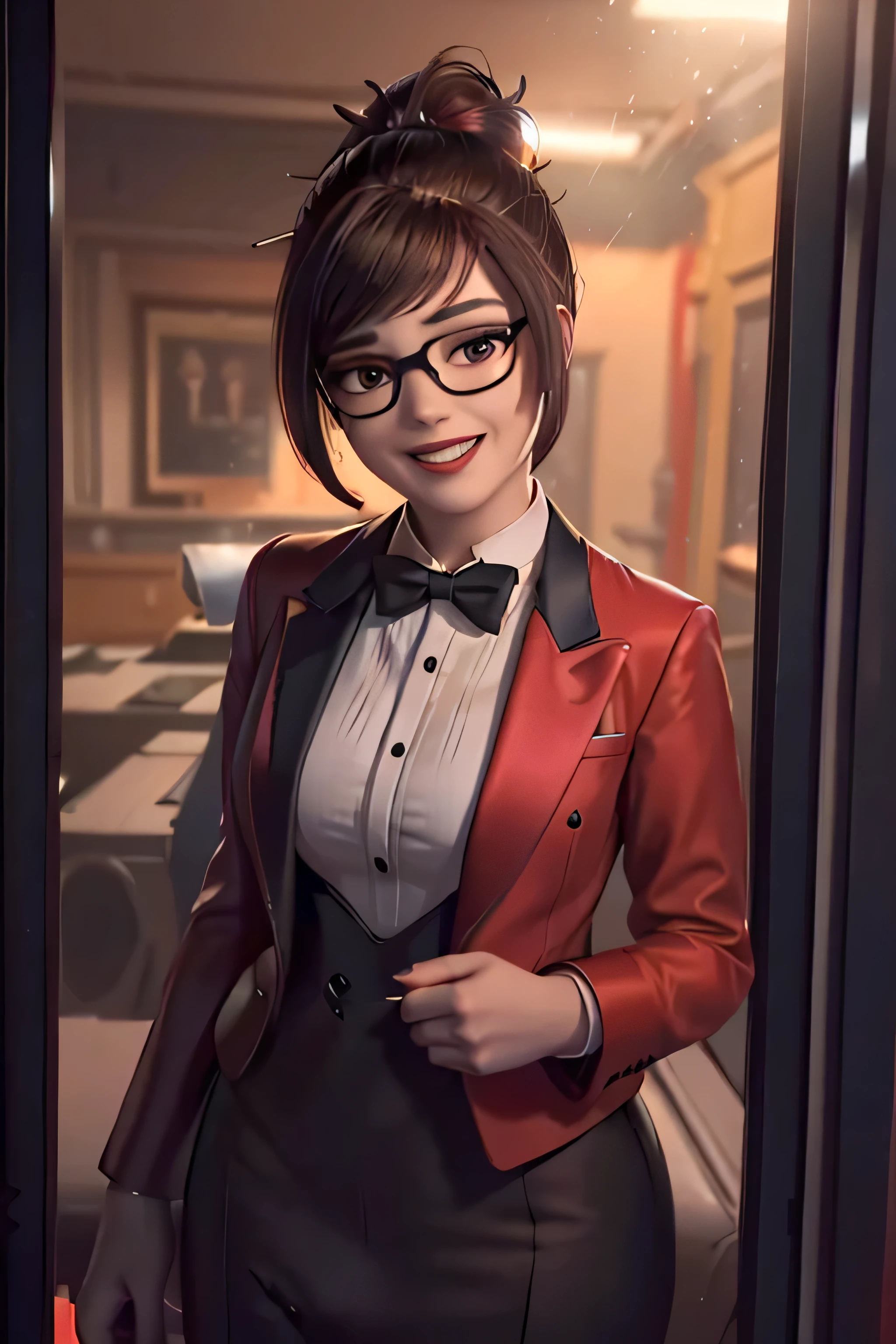 realistic, realism, photorealism, photo-realistic, high contrast, (photorealistic:1.4), 8k high definition detailed realistic,  (best quality, masterpiece:1.2),  photon mapping, radiosity, physically-based rendering, best quality, highly detailed, 1girl, owmei, skirt suit, (((red tuxedo))), (((three-piece tuxedo))), dress shirt, (((black bowtie))), ((red blazer)), ((dinner jacket)), (((bodycon pencil skirt))), formal, (((red lipstick))), (((smile))), (((laughing))), (((smug))), (((flirting))), (((hair up))), (((hair bun))), glasses, professional, (((high collar))), (((tailored bespoke suit))), (((hair pin))), bedroom eyes, smirk, confident, cufflinks, (((shiny lapel))), (((mascara))), (((dark eyeshadow))), 