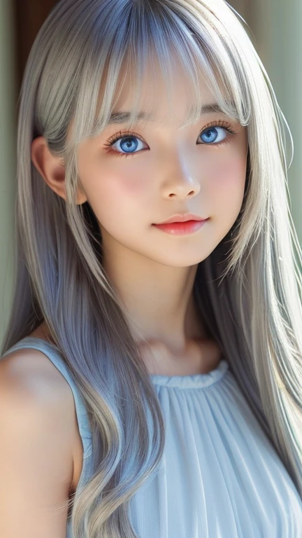 The Shining, clear, White skin、Her windblown silver hair hides her beautiful face..、Huge、28 years old、Cute sexy little beautiful face、Beautiful straight hair that stands out、growing up, light blue eyes shimmering、Long, silky bangs that cover cute eyes, Sexy and cute young woman with super long hair hiding her sexy face、The Shining silver hair