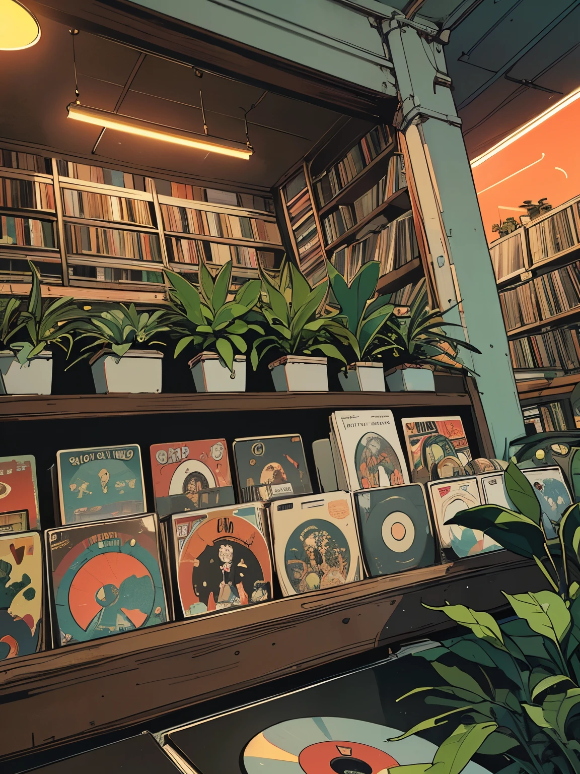 extreme quality, masterpiece, 8k, depth of field, intricate details, (((unattended))), space, movie poster, (((record store))), nostalgia, panorama, long shot, (((records on the shelves.))), (((Various angles))),Future Interior, (((neon))), (((Plants)))