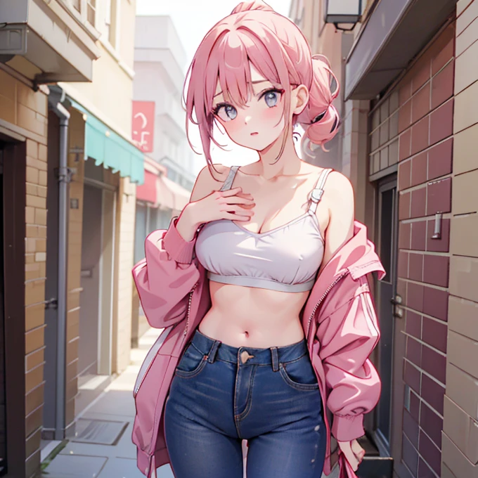 Wearing a light pink bra、A slender woman wearing a dark pink jacket over her。Her pants are denim。Her hairstyle is a ponytail。Her hair color is brown、The eyes are red。Her breasts are exposed through her bra。Having sex。