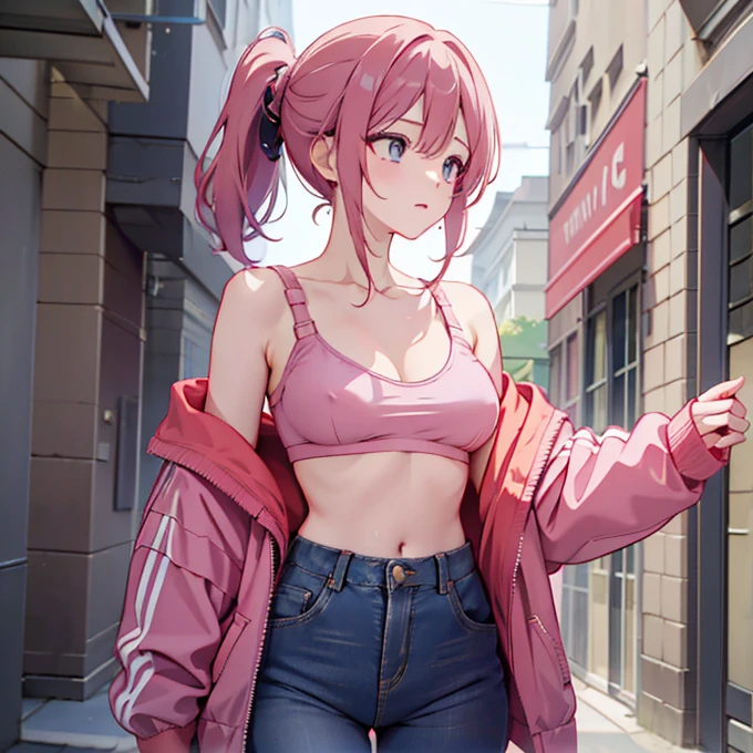 Wearing a light pink bra、A slender woman wearing a dark pink jacket over her。Her pants are denim。Her hairstyle is a ponytail。Her hair color is brown、The eyes are red。Her breasts are exposed through her bra。Having sex。