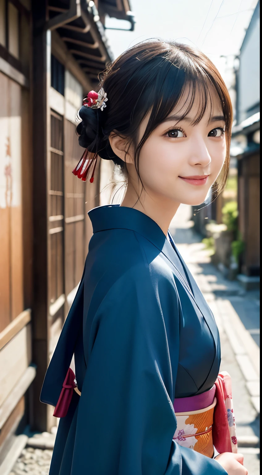 Professional Lighting,(Photorealistic:1.4), (Top image quality:1.0), (超A high resolution:1.0), 8k, Raw photography, (masterpiece:0.2), (Facing the children_v1:0.5)、(最高quality Detail:1.2)、Realistic、8K Ultra HD、High resolution、(1 girl:1.2)、超detailedな、High quality textures、複雑なdetailed、detailed、Very detailed CG、High quality shadows、detailed 美しく繊細な顔、Beautiful details and a delicate eye、(Symmetrical eyes:1.2),Written boundary depth、Ray Tracing,1 girl, Japanese Girls, (Natural smile:1.4),cute, thin, Portrait of a beautiful Japanese woman in a kimono, Standing elegantly on a street corner in Kyoto. Kimono with vibrant traditional patterns, Hair decorated with elegant and delicate hairpins, Gentle expression. (With the old streets of Kyoto in the background:1.4)、The soft light of a spring afternoon、Adding tranquility to the scene. Rendered in a Realistic style with great attention to detail, High resolutionの画像.Sky Porn, Magic Hour, (Realistic:1.3), finely, quality, (Tabletop:1.2), (Realistic:1.2), (最高quality), (複雑なdetailed), dramatic, Ray Tracing, photograph, +roller