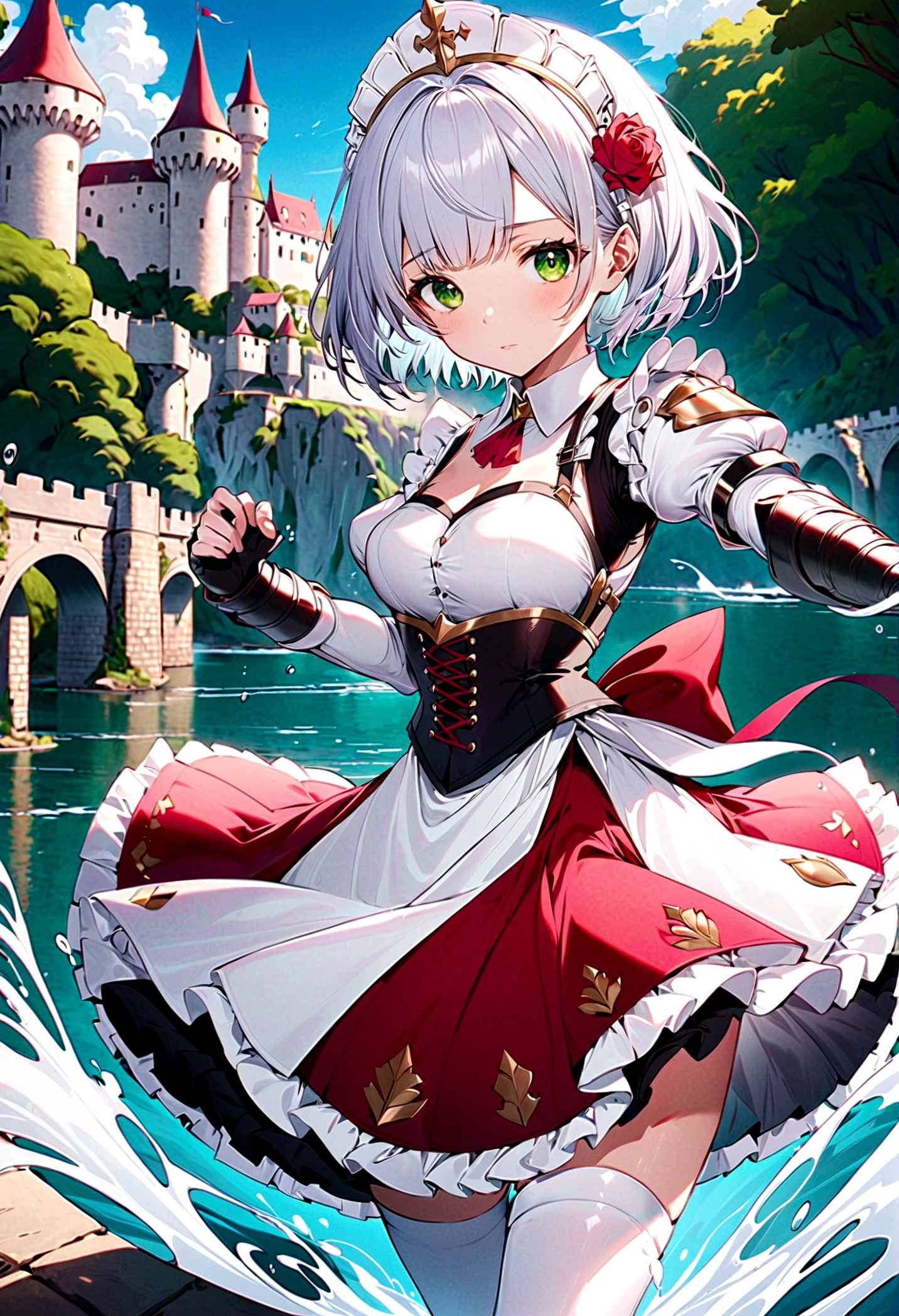 masterpiece, best quality, illustration, Fighting Stance, 1 Girl, Noelle Genshin, Silver short hair, Green Eyes, Red side-parted maid skirt, Maid Knight, Maid Knight armor, Castle Bridge, water,