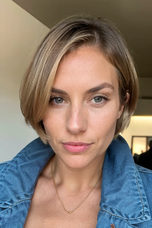 A tall woman, 30 year old European female. She is Mature, Kind, Sexy, Motherly, and Firmly. She has perfect fair skin, with a beautiful face, She has light brown eyes, Short blonde bob cut hairstyle, She has a motherly athletic build, large breasts, has a mole under her lip, Wearing a blue jacket, half body