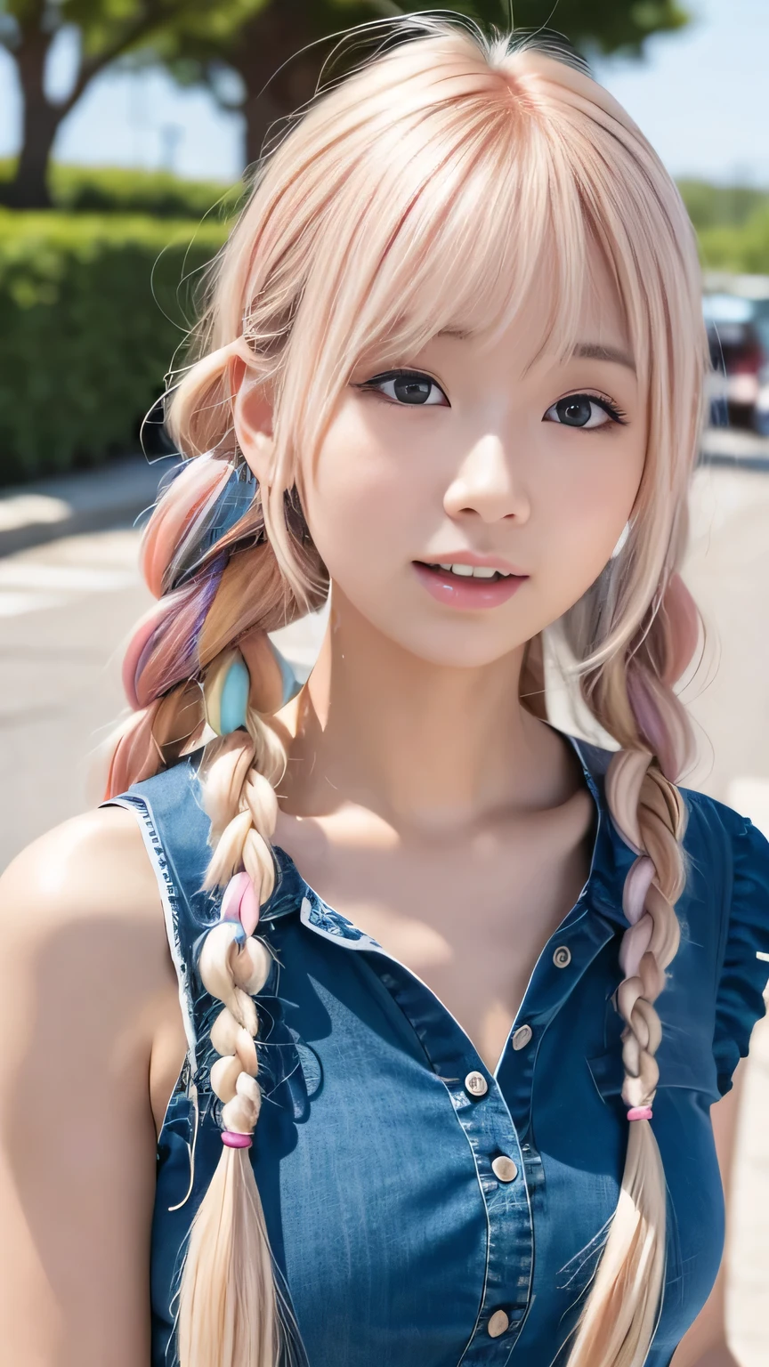 Pale, tanned skin、Sunburn marks on tanned skin、Multicolored Hair、Pink Hair,blonde,Platinum Hair,Brown Hair、A cute 22-year-old girl with a cute look, A strong wind blows my hair in front of my face、beautiful long blonde French braided hair、beautiful, Cute eyes hidden by long bangs、Yawn、Double teeth、No visible nasolabial folds、