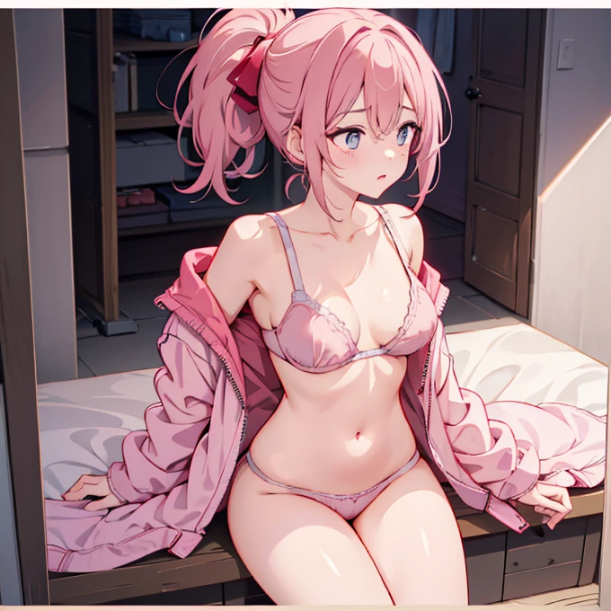 Wearing a light pink bra、A slender woman wearing a dark pink jacket over her。her lower body is naked。Her hairstyle is a ponytail。Her hair color is brown、The eyes are red。Her breasts are exposed through her bra。Having sex。