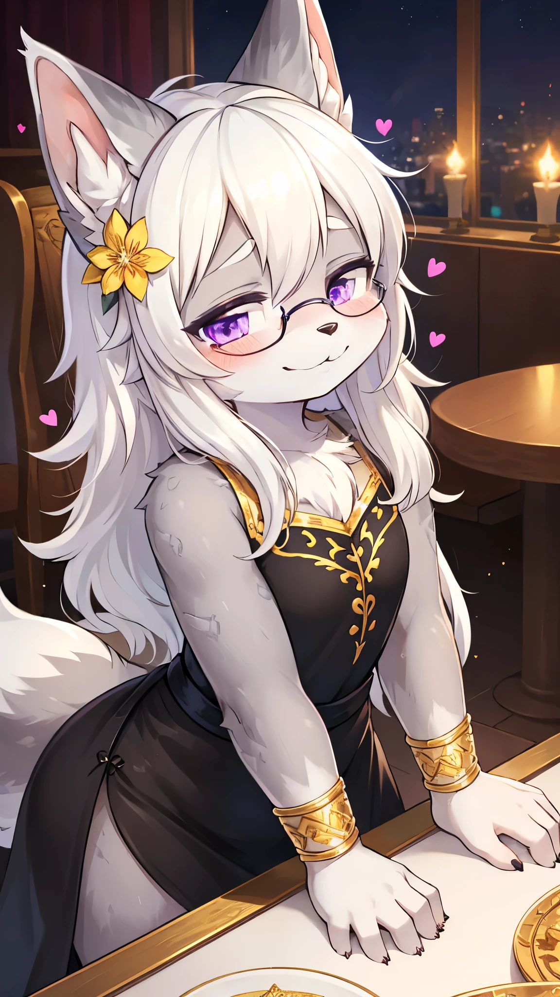 best quality,best resolution,(fluffy anthro furry :1.6),(young :1.6),cat girl,flat chest,(white hair :1.6),long hair,wavy hair,purple eyes,glistering eyes,sparkle eyes,ultra detailed eyes,(grey fur :1.6),(black dress with gold embroidery),glasses,flower hair ornaments,gold bracelets,gorgeous restaurant,chanderia,night,sparkle stars surrounded,romantic light,full face blush,looking back,heart expression eyes,heart eyes,horny face,grin,one eye closed,very closed eyes,back view