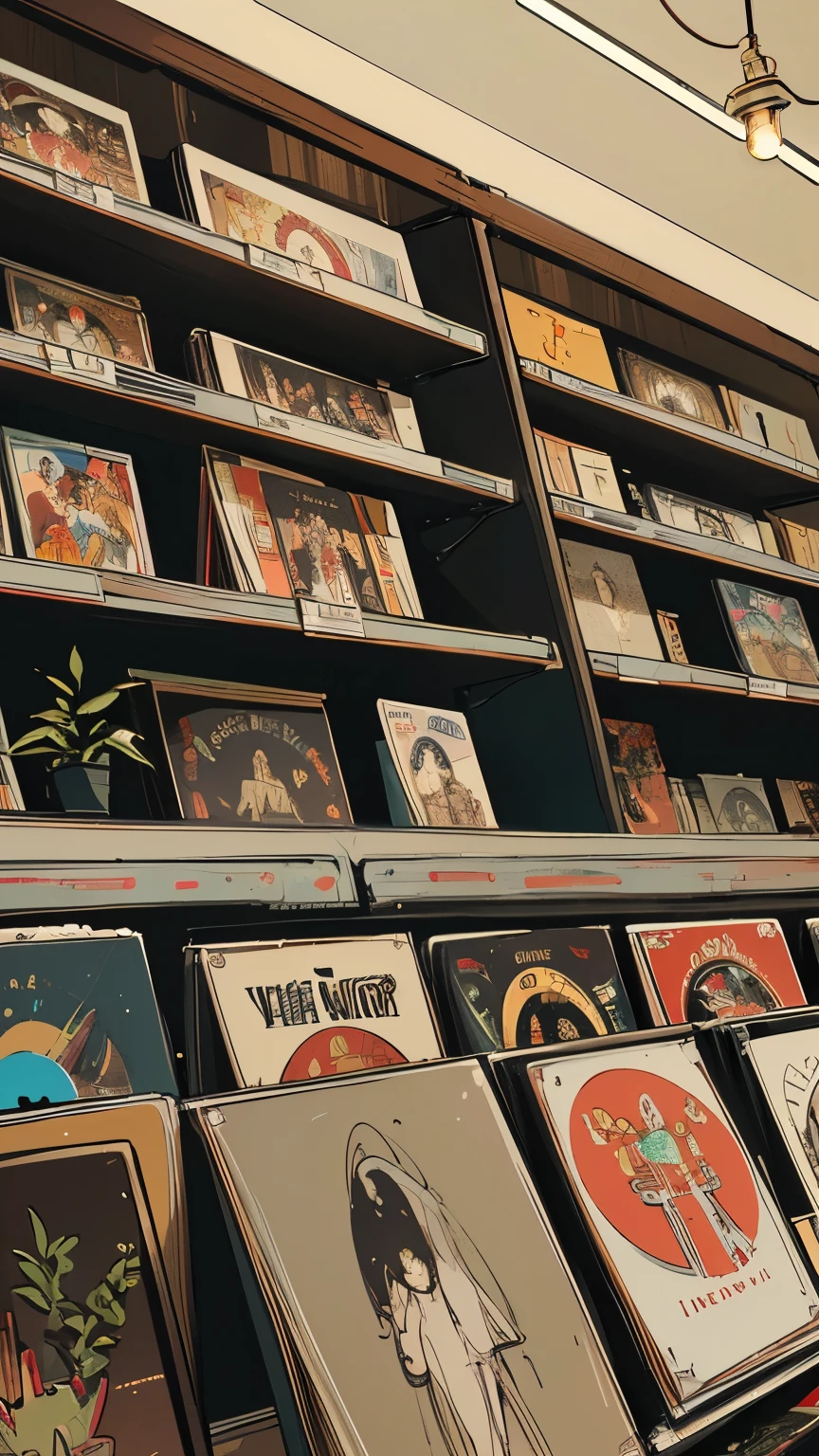 extreme quality, masterpiece, 8k, depth of field, intricate details, (((unattended))), space, movie poster, (((record store))), nostalgia, panorama, long shot, (((records on the shelves.))), (((Various angles))),Future Interior, (((neon))), (((Plants)))