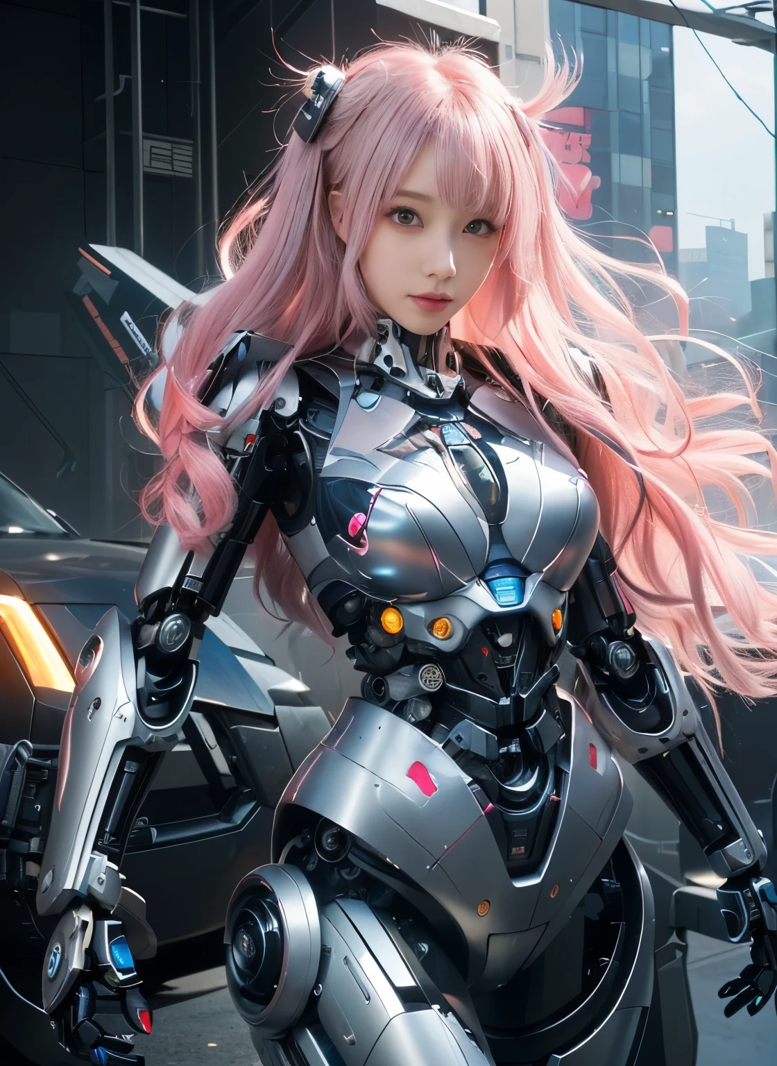 Pink Hair、Anime girl in a futuristic suit standing in front of a car, Girl in mecha network armor, Cyberpunk anime girl mech, Female Armorer, Cute robot girl, Digital Cyberpunk Anime Art, female Cyberpunk anime girl, Perfect robot girl, Perfect anime woman, Beautiful robot girl, Mechanized Warrior Girl, Cyberpunk anime girl, - Silver-haired girl