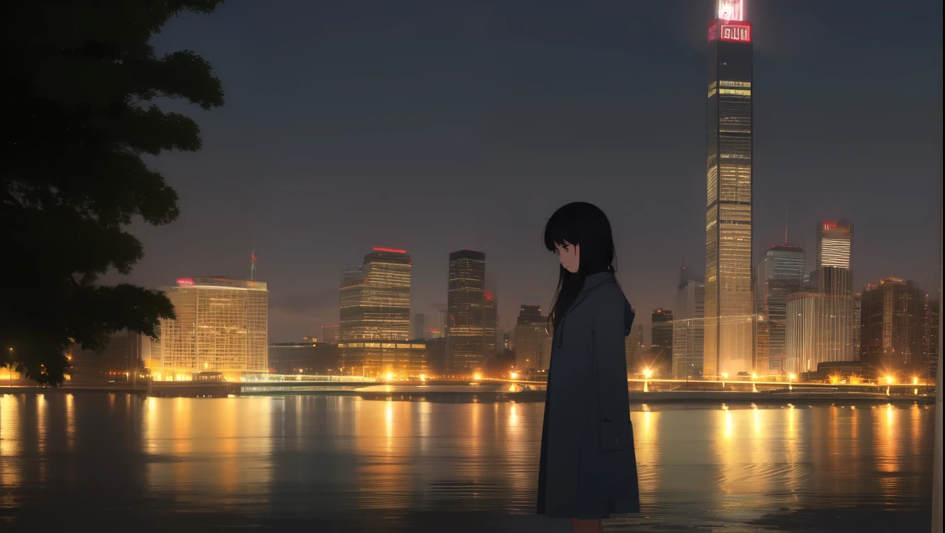 City at night、A girl is standing alone、The expression looks sad、