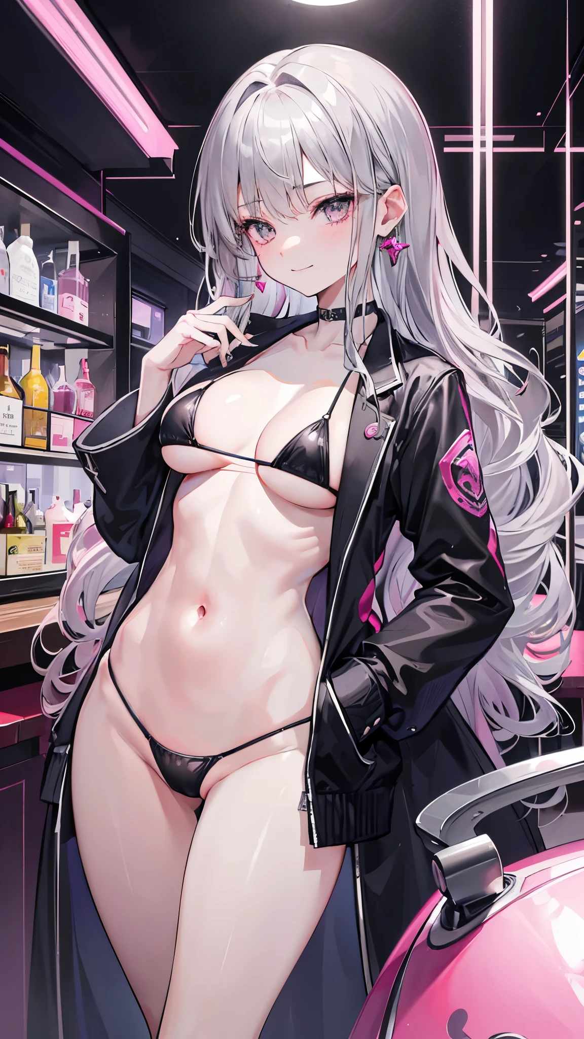 (8k、Best image quality、highest quality、masterpiece)、Detailed face、 One girl、Dark silver hair、Long Hair、Wavy Hair、Grey Eyes、Earrings、evil smile、Large Breasts、((suit jacket))、((pink micro bikini))、Cowboy Shot、counter、Wine Bottle、BAR Background
