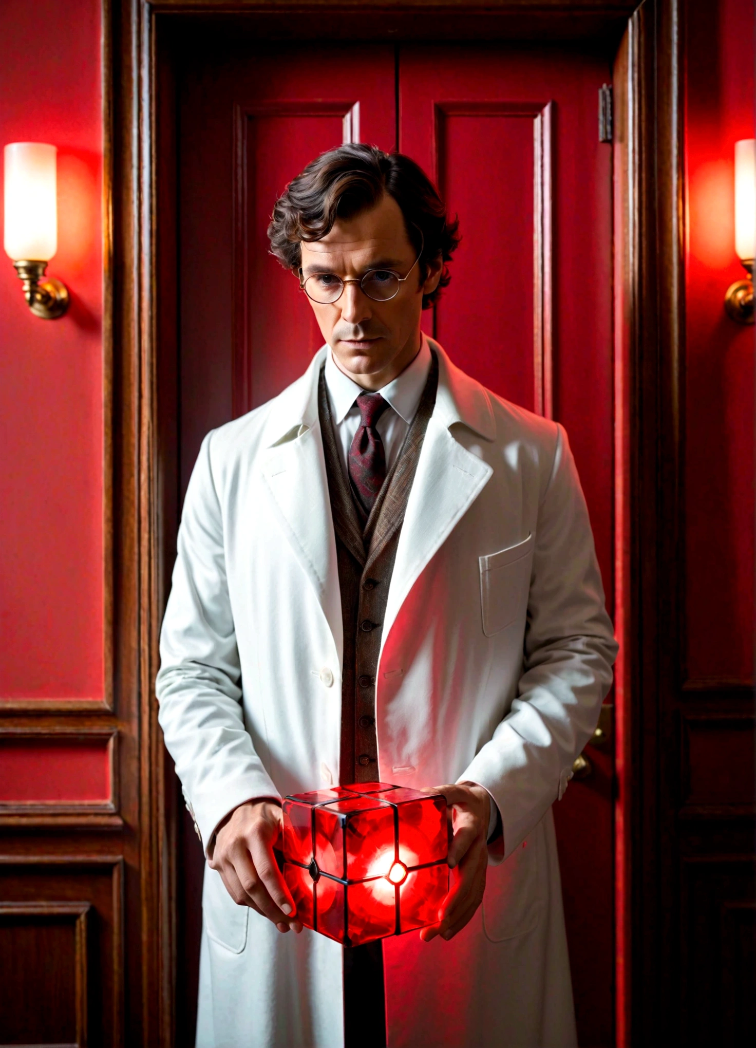 sherlock holmes, wearing a white coat and glasses, stands near the door of the room and holds an electric cube piece of red light