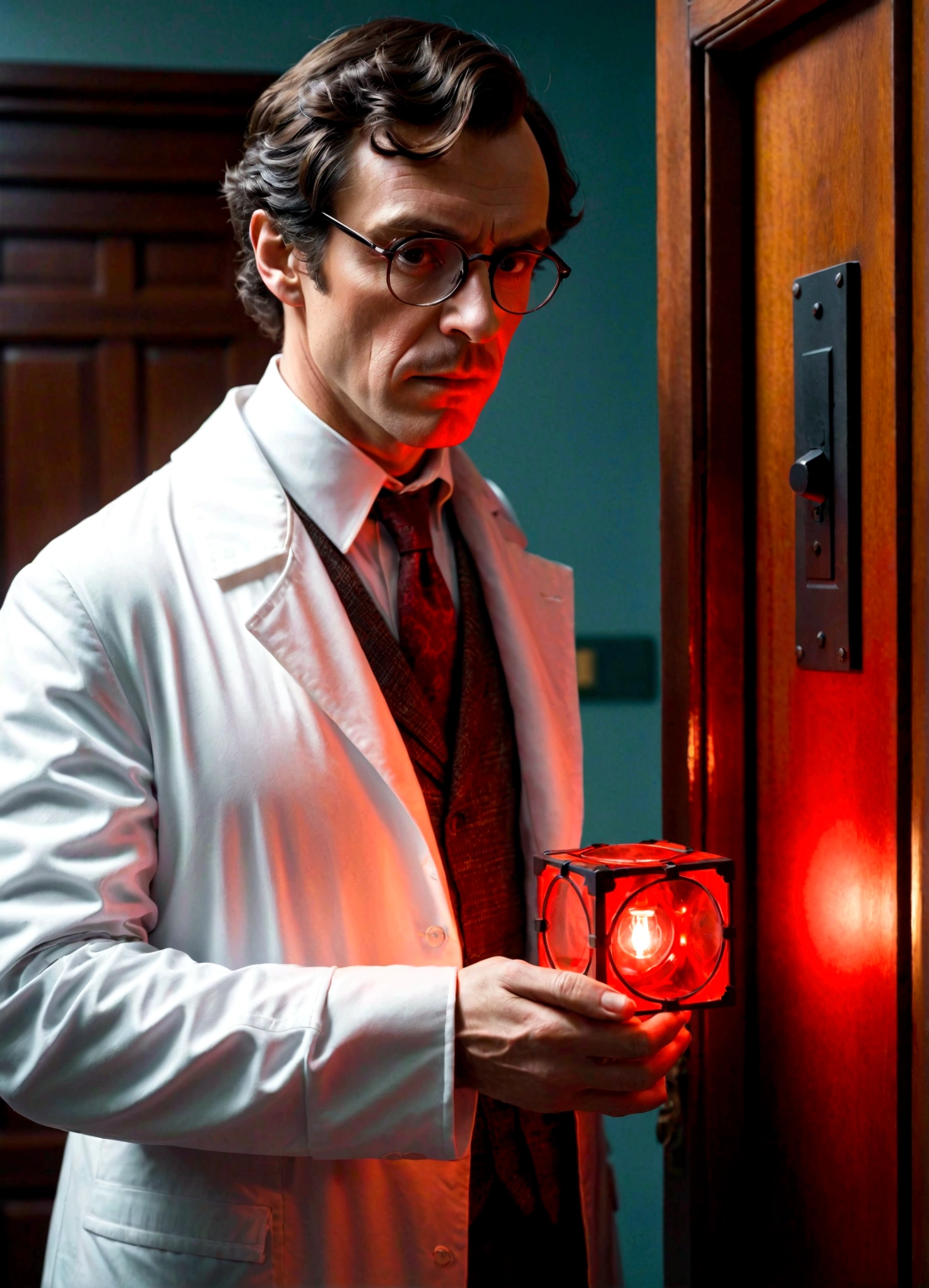 sherlock holmes, wearing a white coat and glasses, stands near the door of the room and holds an electric cube piece of red light