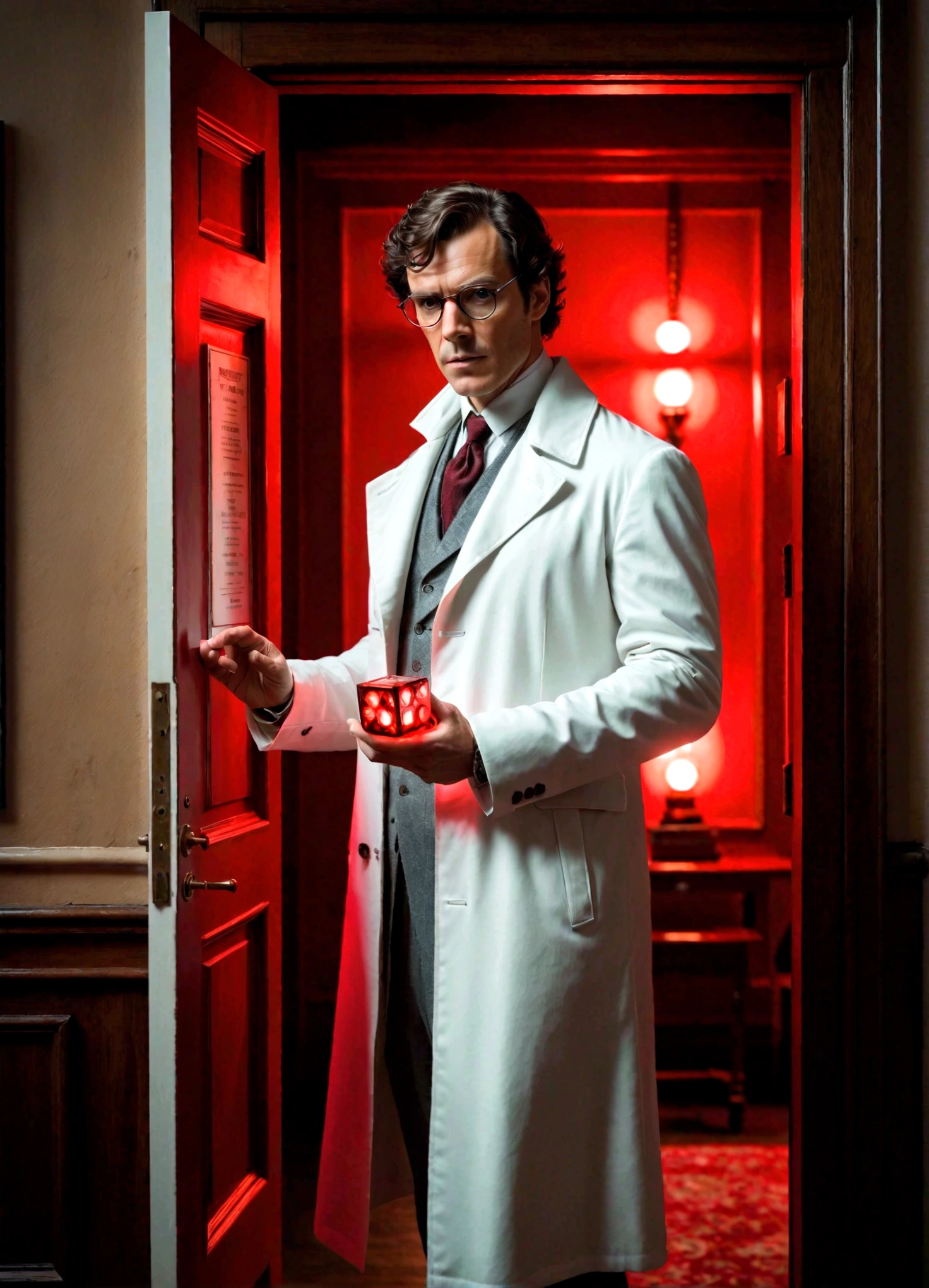 sherlock holmes, wearing a white coat and glasses, stands near the door of the room and holds an electric cube piece of red light