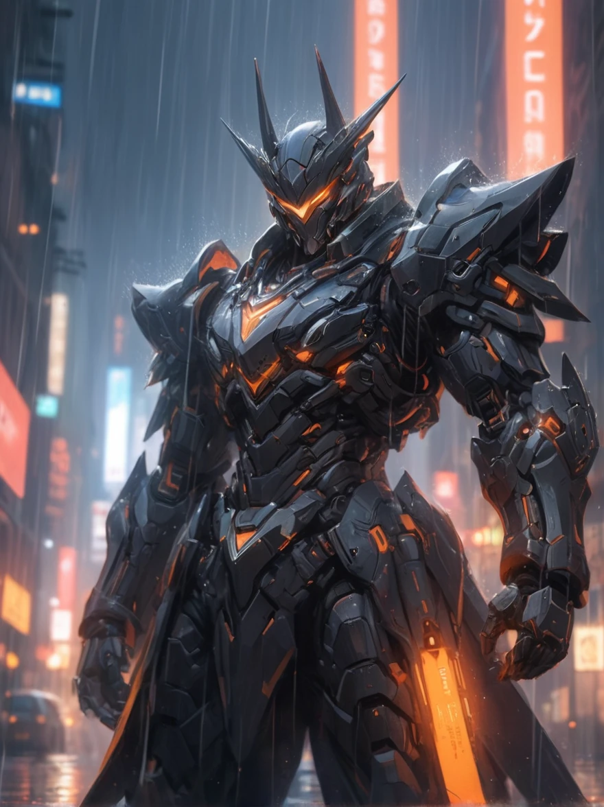 Game Illustration,League of Legends Splash Art,A black mech stands on a rainy city street,he has heavy armour,particle flow only,skirt armour,glowing eyes,no humans,cyberpunk,science fiction,dynamic poses,nijimecha,portrait,Intricate details,