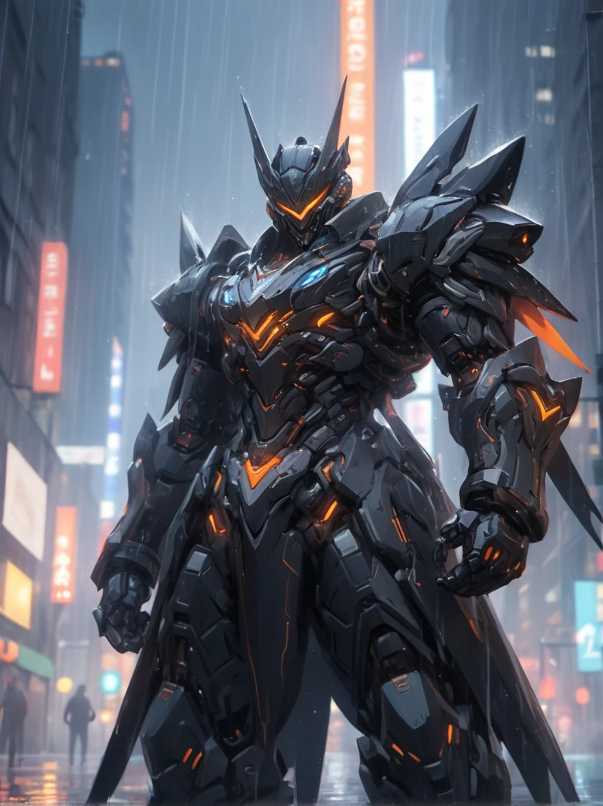 Game Illustration,League of Legends Splash Art,A black mech stands on a rainy city street,he has heavy armour,particle flow only,skirt armour,glowing eyes,no humans,cyberpunk,science fiction,dynamic poses,nijimecha,portrait,Intricate details,