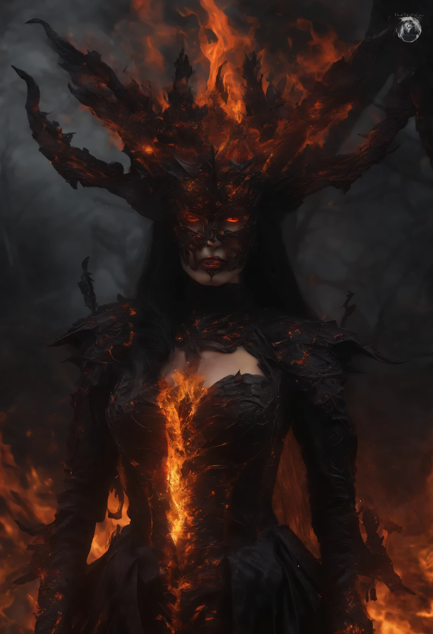 a close up of a person with a bow and a bow, lava and fire goddess, flame conjuring armored, fire mage, fire demon, black fire color reflected armor, appears as the fire goddess, infernal nymph, infernal nymph!!!, fire elemental, painted in the style arcane, the fire queen, polycount contest winner, flames surround her