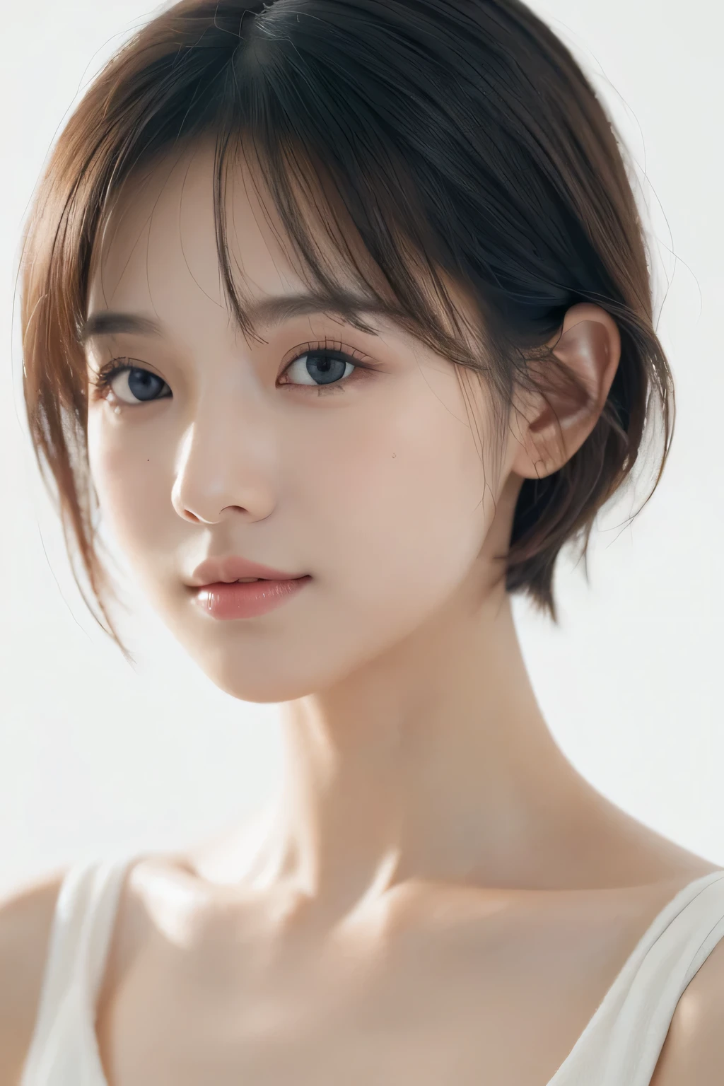 ((realistic lighting, white background,best quality, 8K, masterpiece:1.3)), sharp focus:1.2,realistic light,natural light,white background,top quality、8 thousand、32,000、masterpiece、UHD:1.2)、photo of korean woman,little beautiful girl, cute, Short hair, depth of field, high resolution, ultra detail, Highly detailed eyes and face,small eyes,Short hair