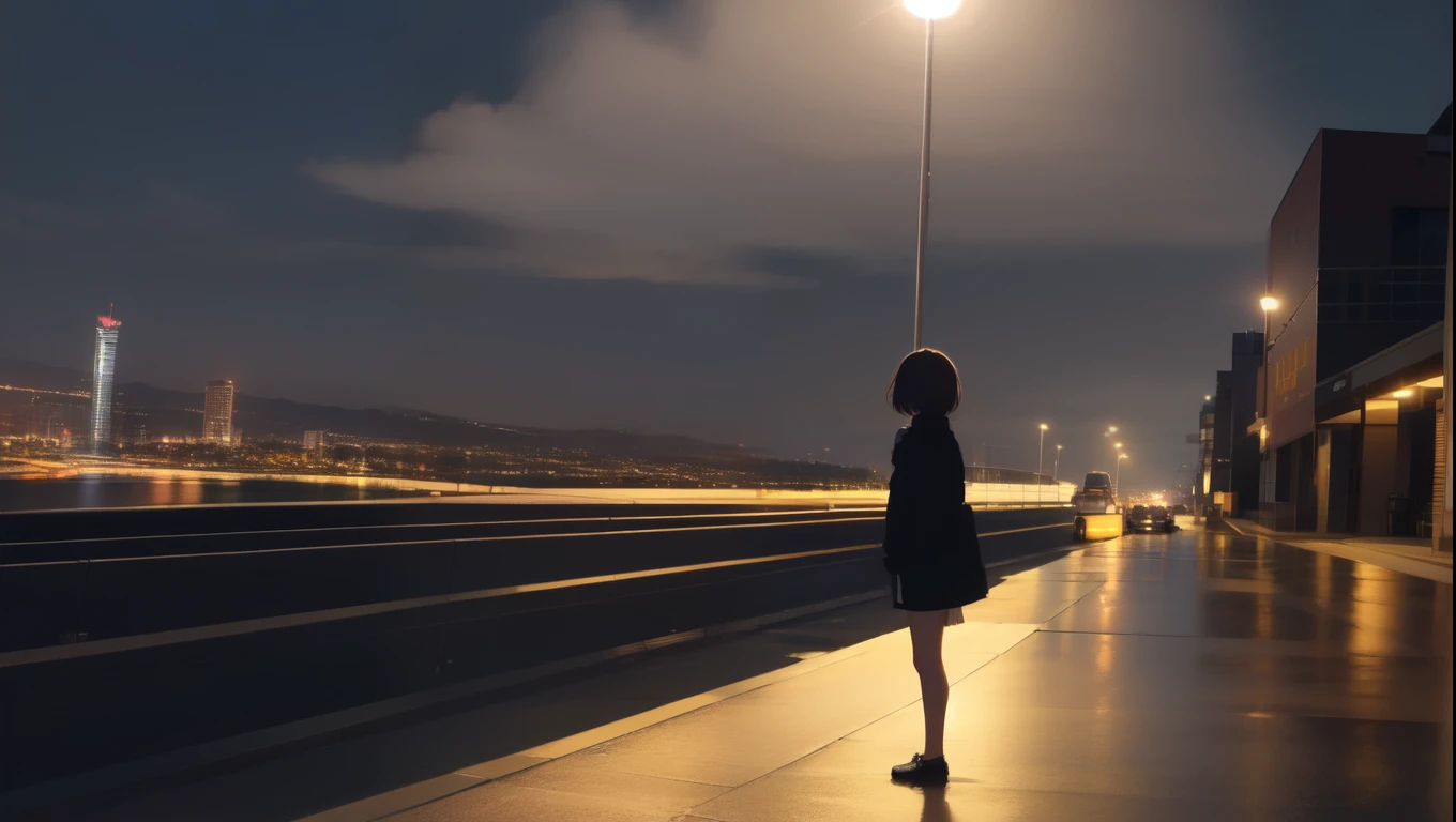 City at night、A girl is standing alone、The expression looks sad、