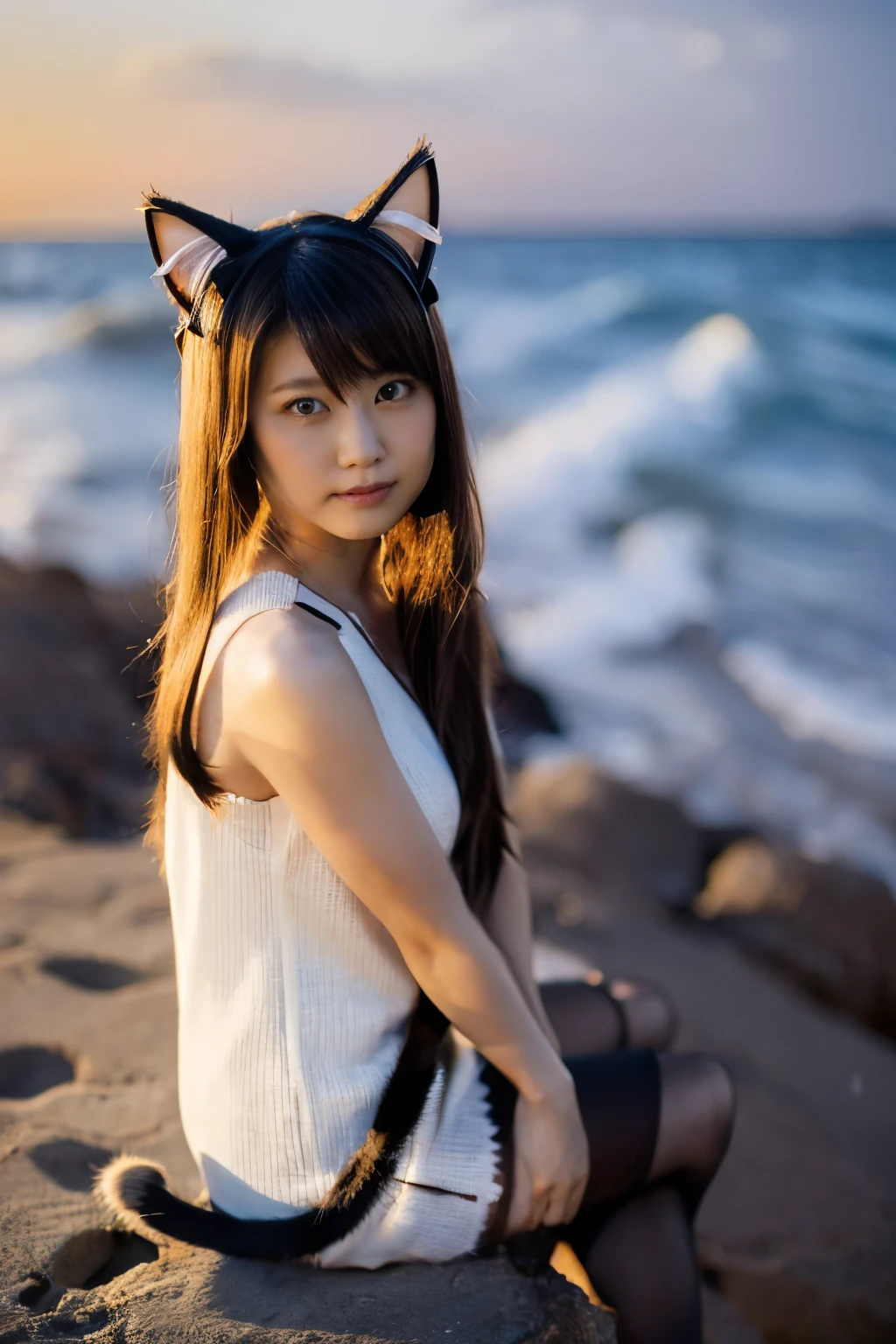 Masterpiece, bokeh, (Cat ears:1.4), Sitting in sundown seashore, Looking at the viewer, high , pantyhose,