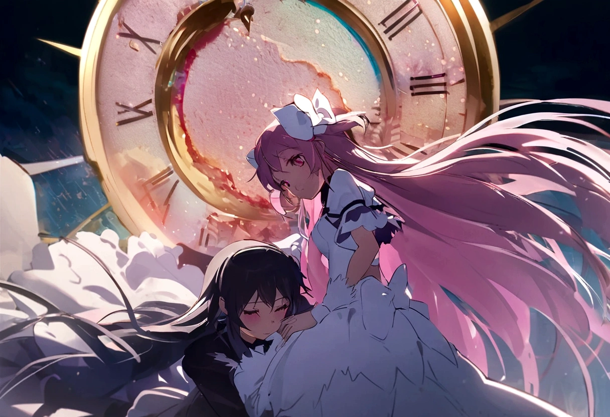 (2girls:1.5),(akemi_homura\(Puella Magi Madoka Magica\) and kaname_madoka\(Puella Magi Madoka Magica\) are holding hands:1.3),colorful and geometric and chaotic background of chaotic gothic shadow puppet castles,(in a very psychedelic nightmare),big clock motif at the center of background,  BREAK ,quality\(8k,wallpaper of extremely detailed CG unit, ​masterpiece,hight resolution,top-quality,top-quality real texture skin,hyper realisitic,increase the resolution,RAW photos,best qualtiy,highly detailed,the wallpaper,cinematic lighting,ray trace,golden ratio\),(long shot),wide shot,landscape,blured background
